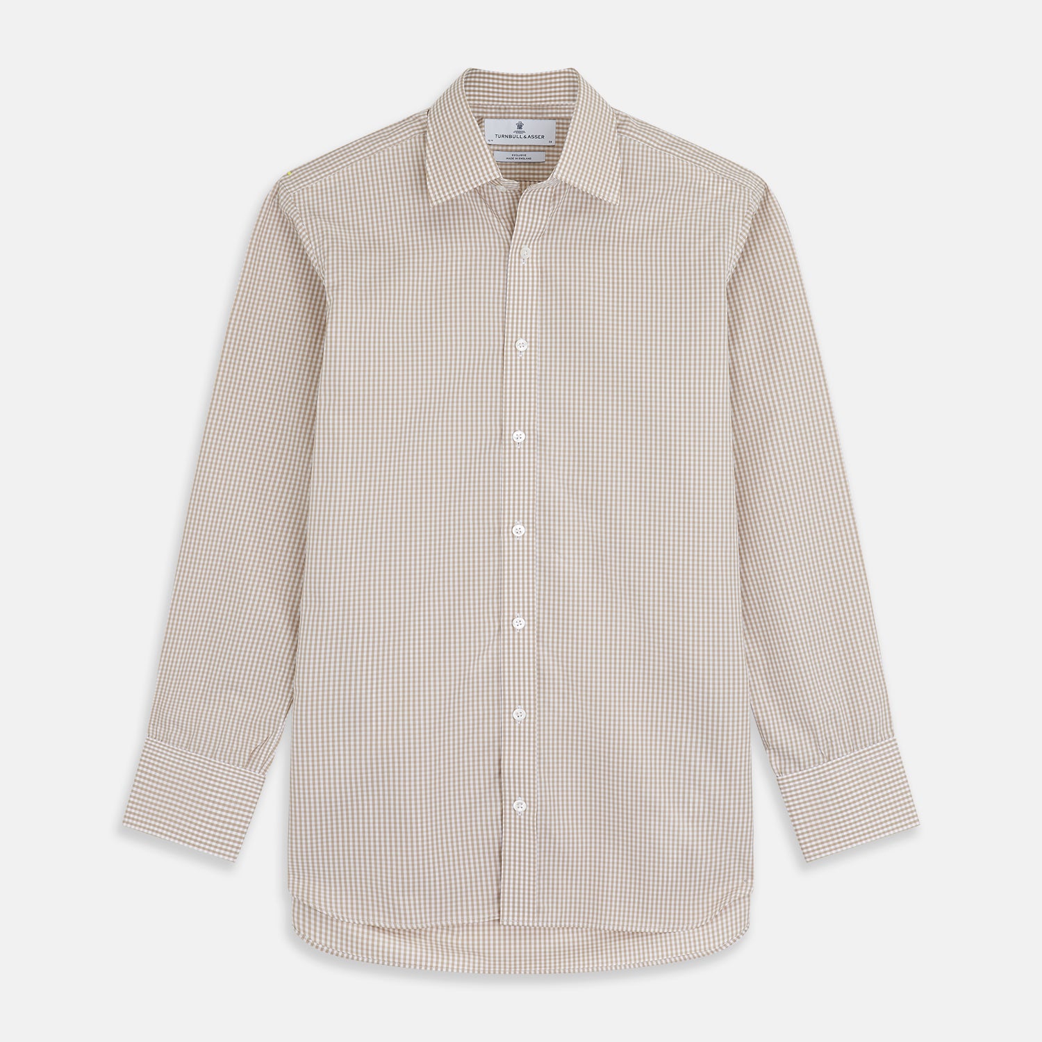 View 1 of product The Sand Gingham Check Regular Fit Shirt by Turnbull & Asser features a T&A collar, 3-button cuffs, and a sand gingham check pattern on white.