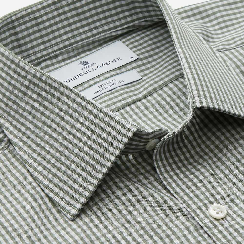 The Turnbull & Asser Green Gingham Check Regular Fit Shirt features a classic T&A collar and 3-button cuffs, displayed on a plain white background.