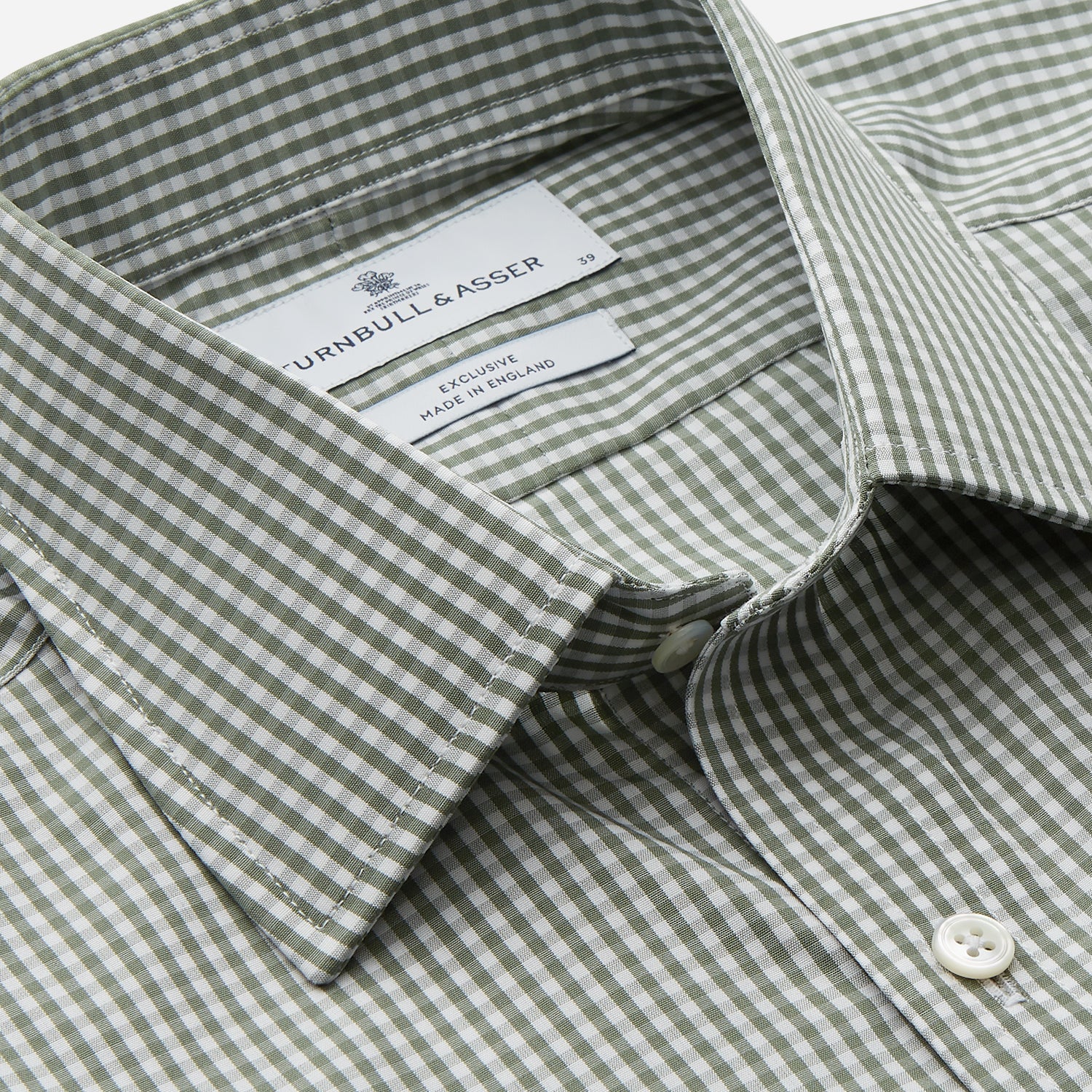 View 2 of product The Turnbull & Asser Green Gingham Check Regular Fit Shirt features a classic T&A collar and 3-button cuffs, displayed on a plain white background.