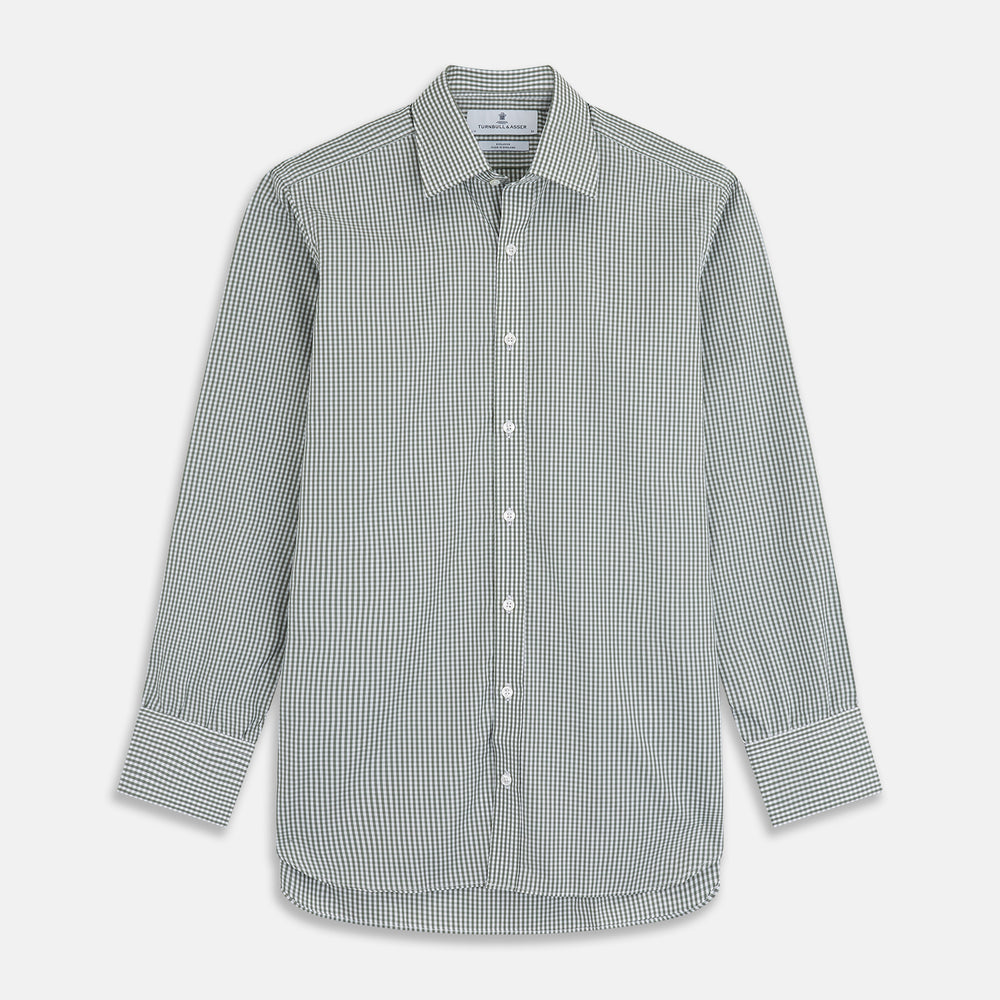 The Turnbull & Asser Green Gingham Check Regular Fit Shirt features a classic T&A collar and 3-button cuffs, displayed on a plain white background.