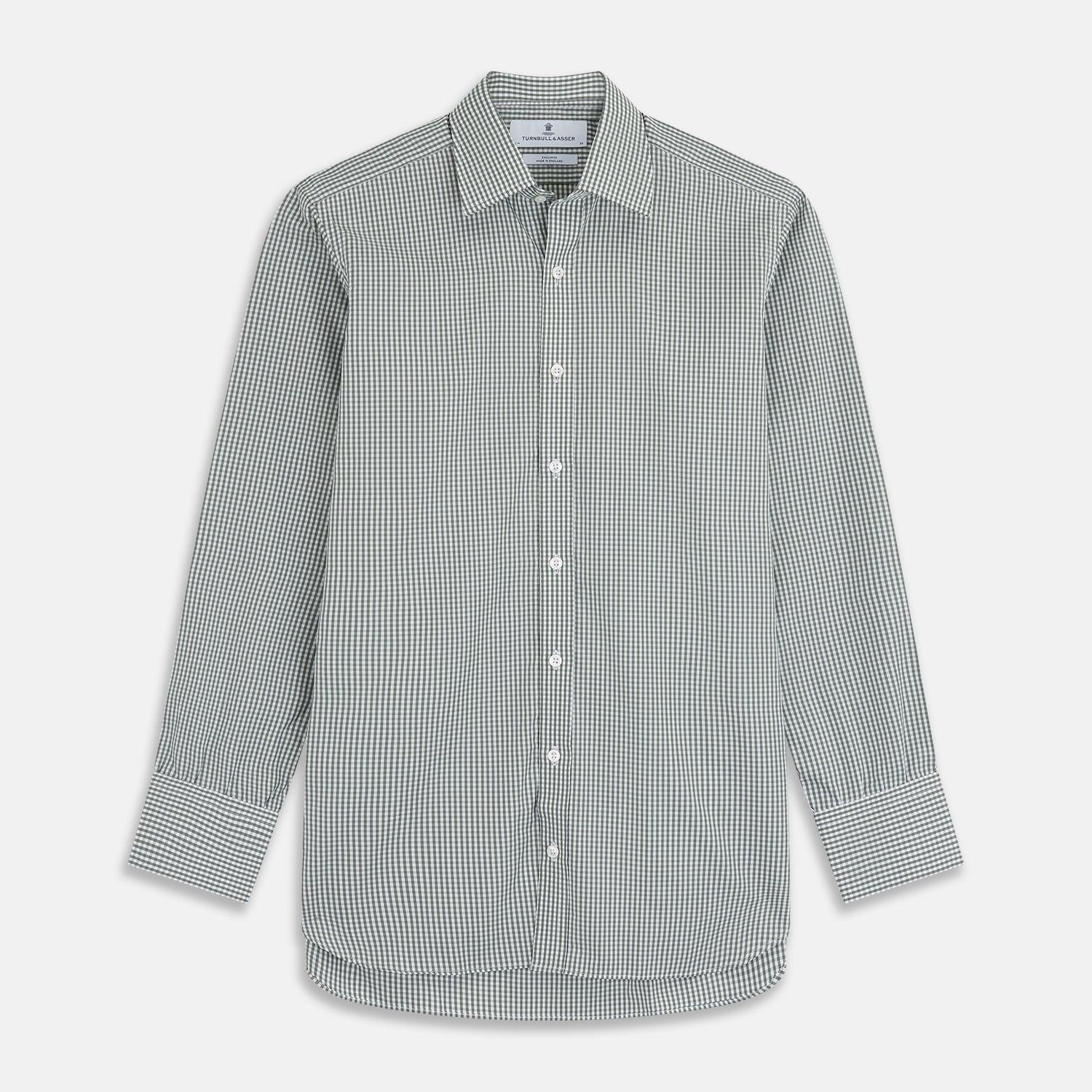 View 1 of product The Turnbull & Asser Green Gingham Check Regular Fit Shirt features a classic T&A collar and 3-button cuffs, displayed on a plain white background.