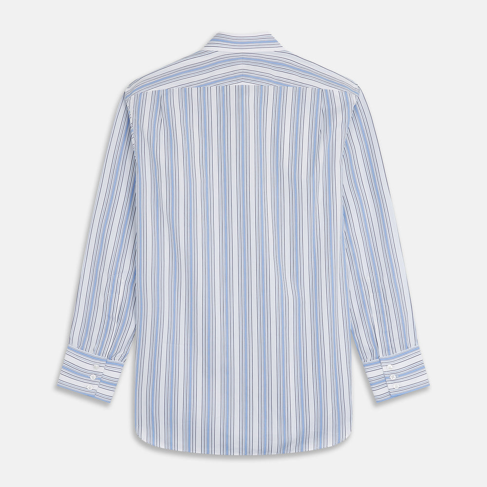 The Turnbull & Asser Blue Multi Stripe Regular Fit Shirt features a classic T&A collar, long sleeves, button-down front, and 3 button cuffs. Shown laid flat against a white background.