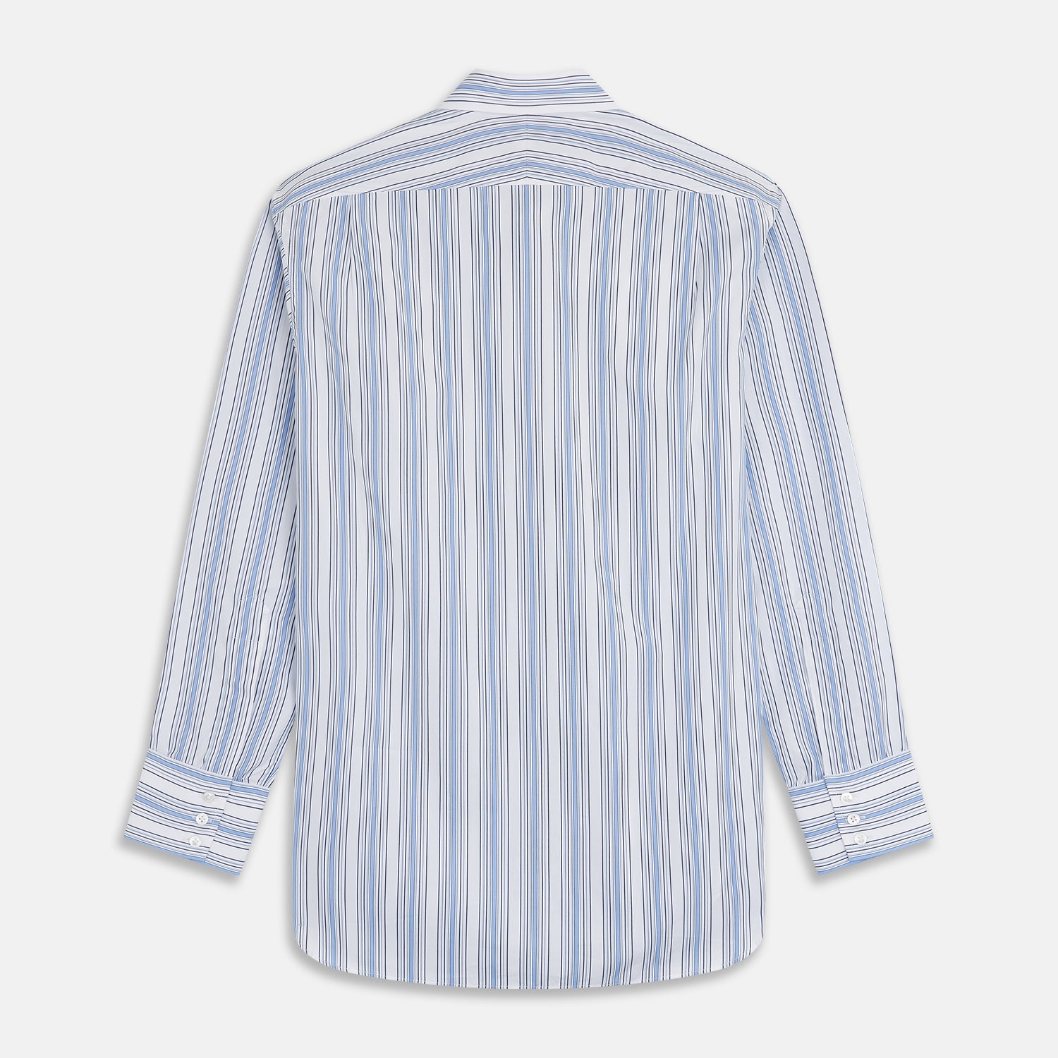 View 5 of product The Turnbull & Asser Blue Multi Stripe Regular Fit Shirt features a classic T&A collar, long sleeves, button-down front, and 3 button cuffs. Shown laid flat against a white background.