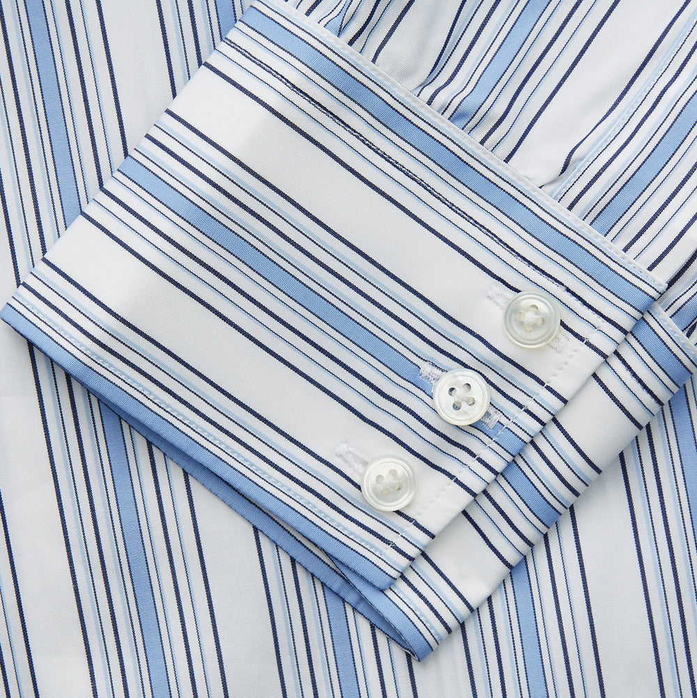 The Turnbull & Asser Blue Multi Stripe Regular Fit Shirt features a classic T&A collar, long sleeves, button-down front, and 3 button cuffs. Shown laid flat against a white background.