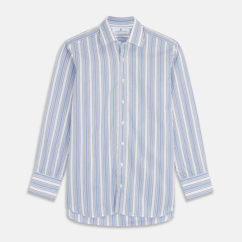 The Turnbull & Asser Blue Multi Stripe Regular Fit Shirt features a classic T&A collar, long sleeves, button-down front, and 3 button cuffs. Shown laid flat against a white background.