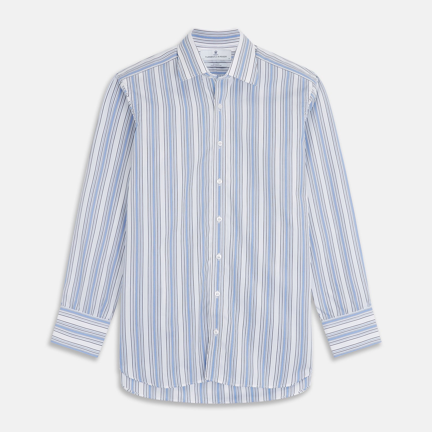 View 1 of product The Turnbull & Asser Blue Multi Stripe Regular Fit Shirt features a classic T&A collar, long sleeves, button-down front, and 3 button cuffs. Shown laid flat against a white background.