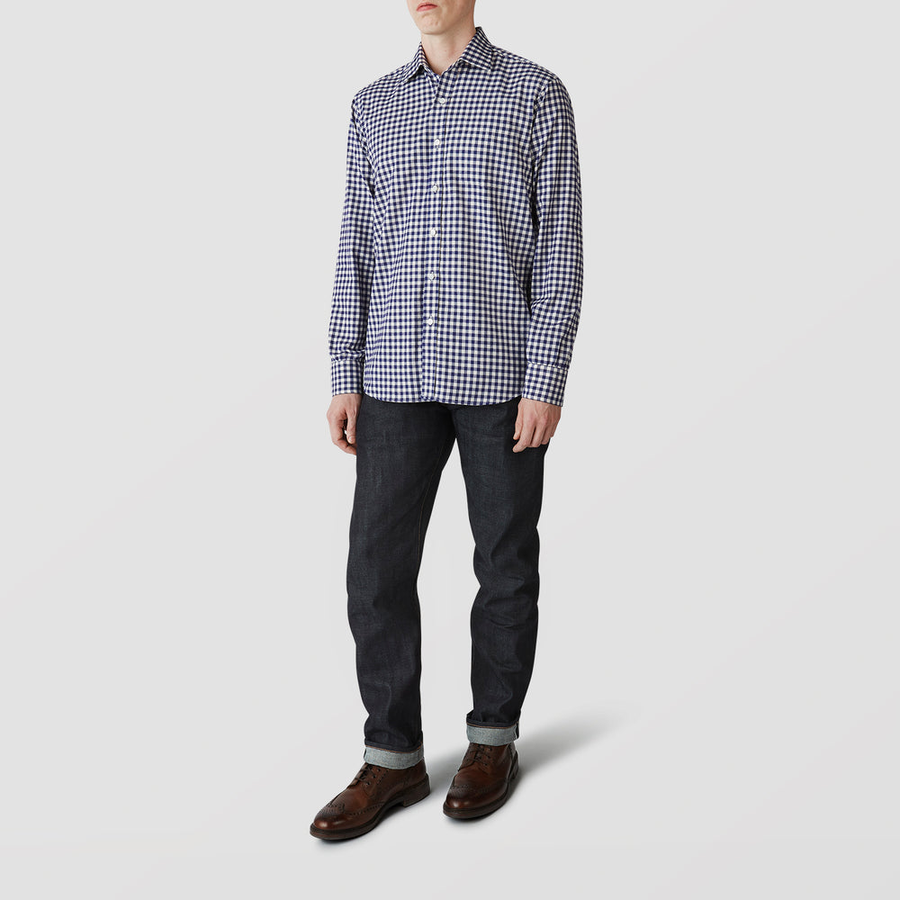 The Turnbull & Asser Blue Check Weekend Fit Shirt features a Derby collar and 1-button cuffs—ideal for winter layering. Shirt is laid flat on a white background.