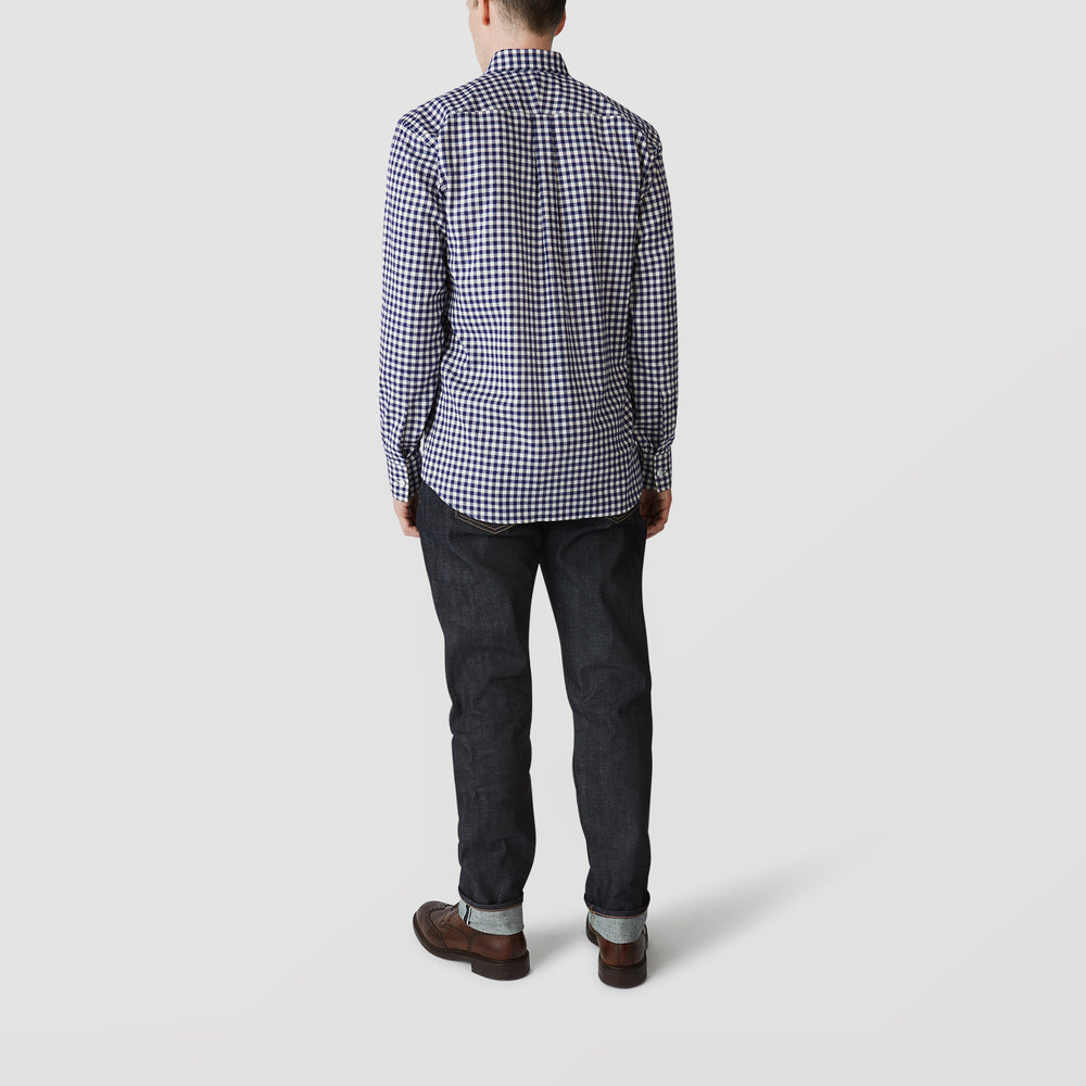 The Turnbull & Asser Blue Check Weekend Fit Shirt features a Derby collar and 1-button cuffs—ideal for winter layering. Shirt is laid flat on a white background.
