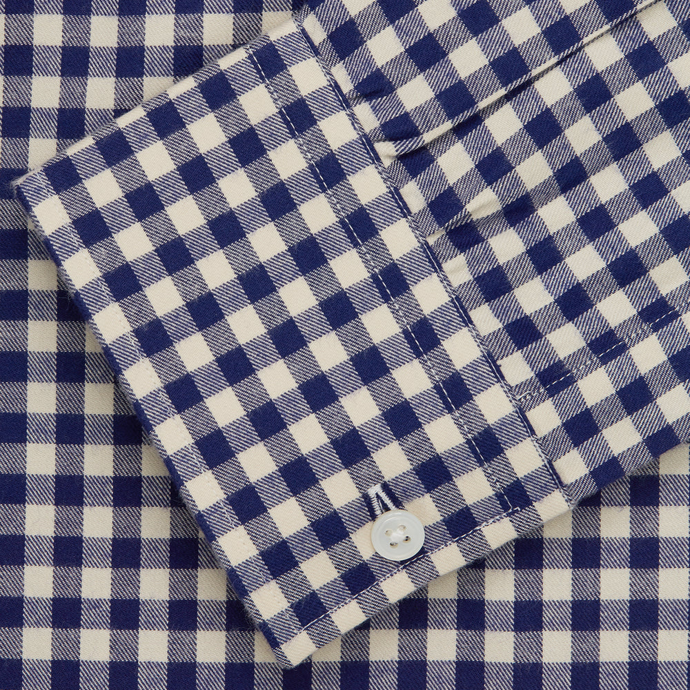 The Turnbull & Asser Blue Check Weekend Fit Shirt features a Derby collar and 1-button cuffs—ideal for winter layering. Shirt is laid flat on a white background.