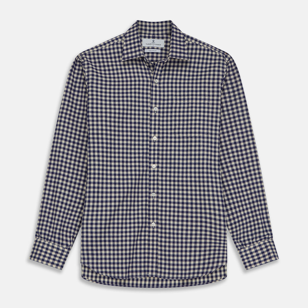 The Turnbull & Asser Blue Check Weekend Fit Shirt features a Derby collar and 1-button cuffs—ideal for winter layering. Shirt is laid flat on a white background.