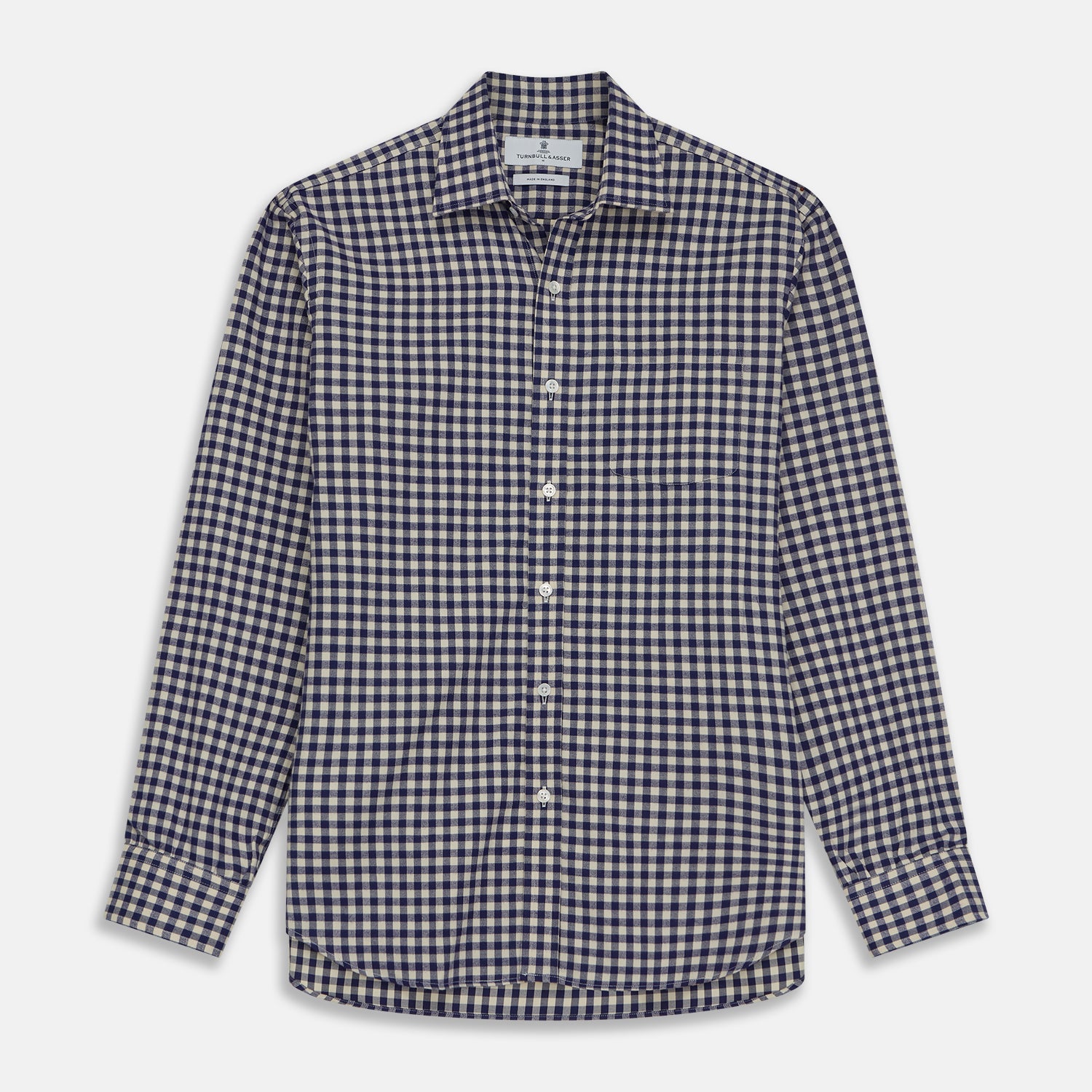 View 1 of product The Turnbull & Asser Blue Check Weekend Fit Shirt features a Derby collar and 1-button cuffs—ideal for winter layering. Shirt is laid flat on a white background.