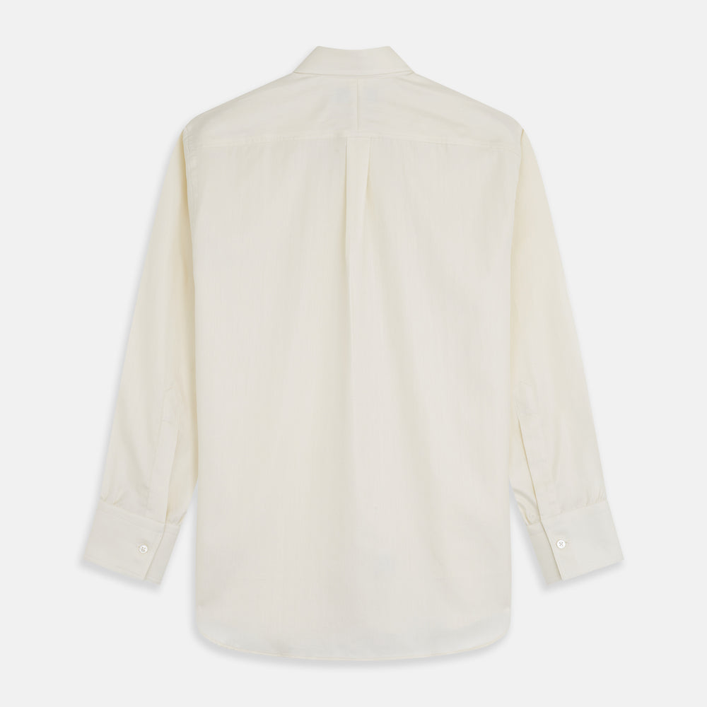 The Cream Herringbone Fine Cotton Weekend Officer Fit Shirt by Turnbull & Asser features a Dorset collar, long sleeves, two button-flap chest pockets, and buttoned cuffs—perfect for smart-casual style.