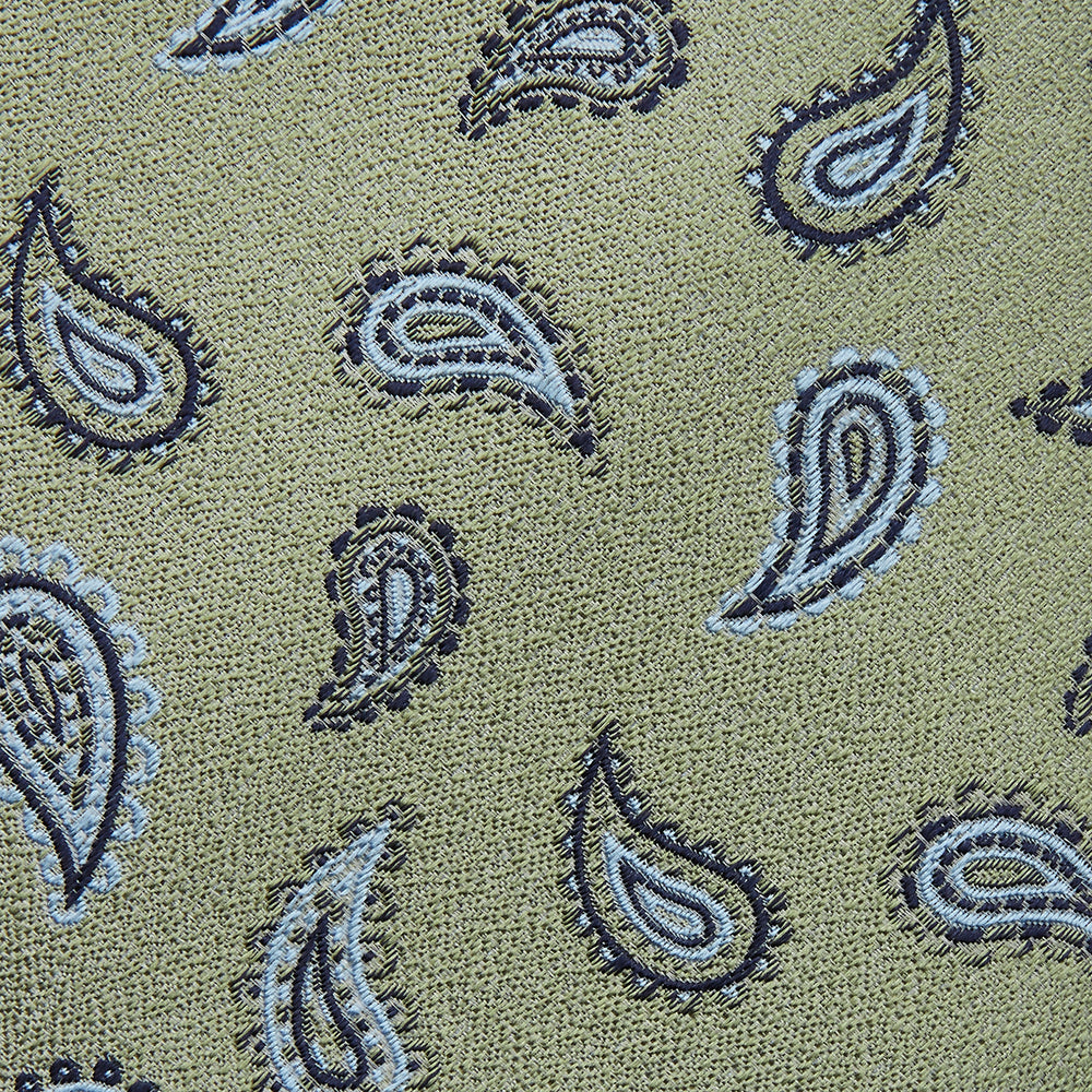 The Green Renoir Paisley Tie by Turnbull & Asser is a pistachio green jacquard tie with blue and black paisley motifs on a light background.