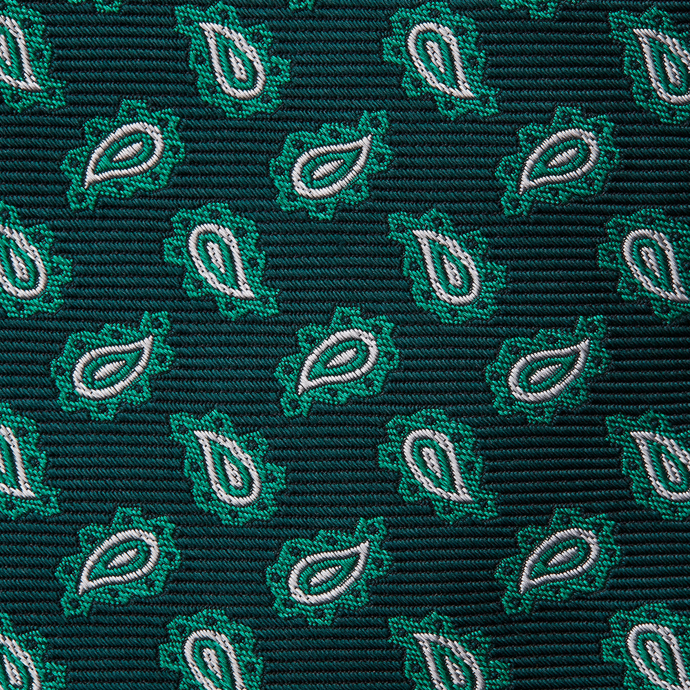 The Turnbull & Asser Green Abstract Paisley Silk Tie features a repeating light green paisley pattern on dark green silk, shown rolled up against a white background—a refined men’s accessory for making a statement.