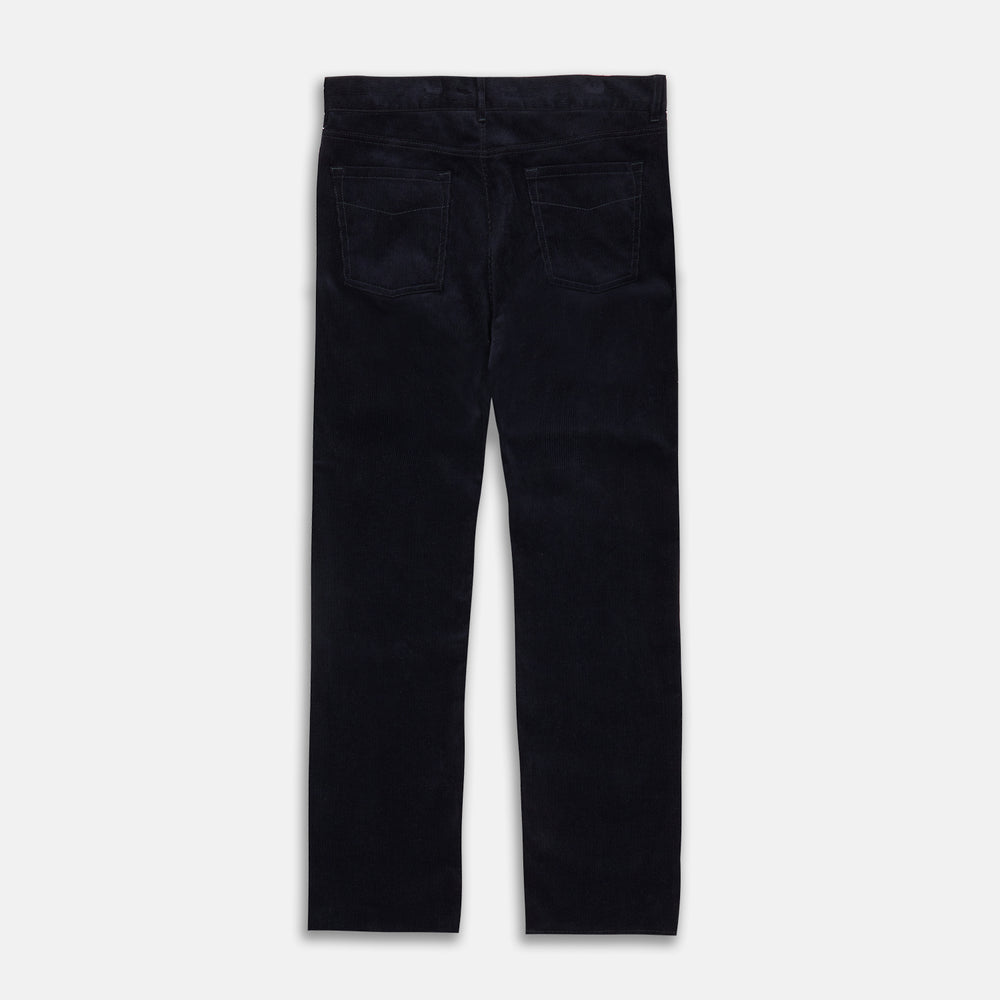 A pair of navy twill cotton five-pocket trousers from Turnbull & Asser, shown laid flat against a white background.