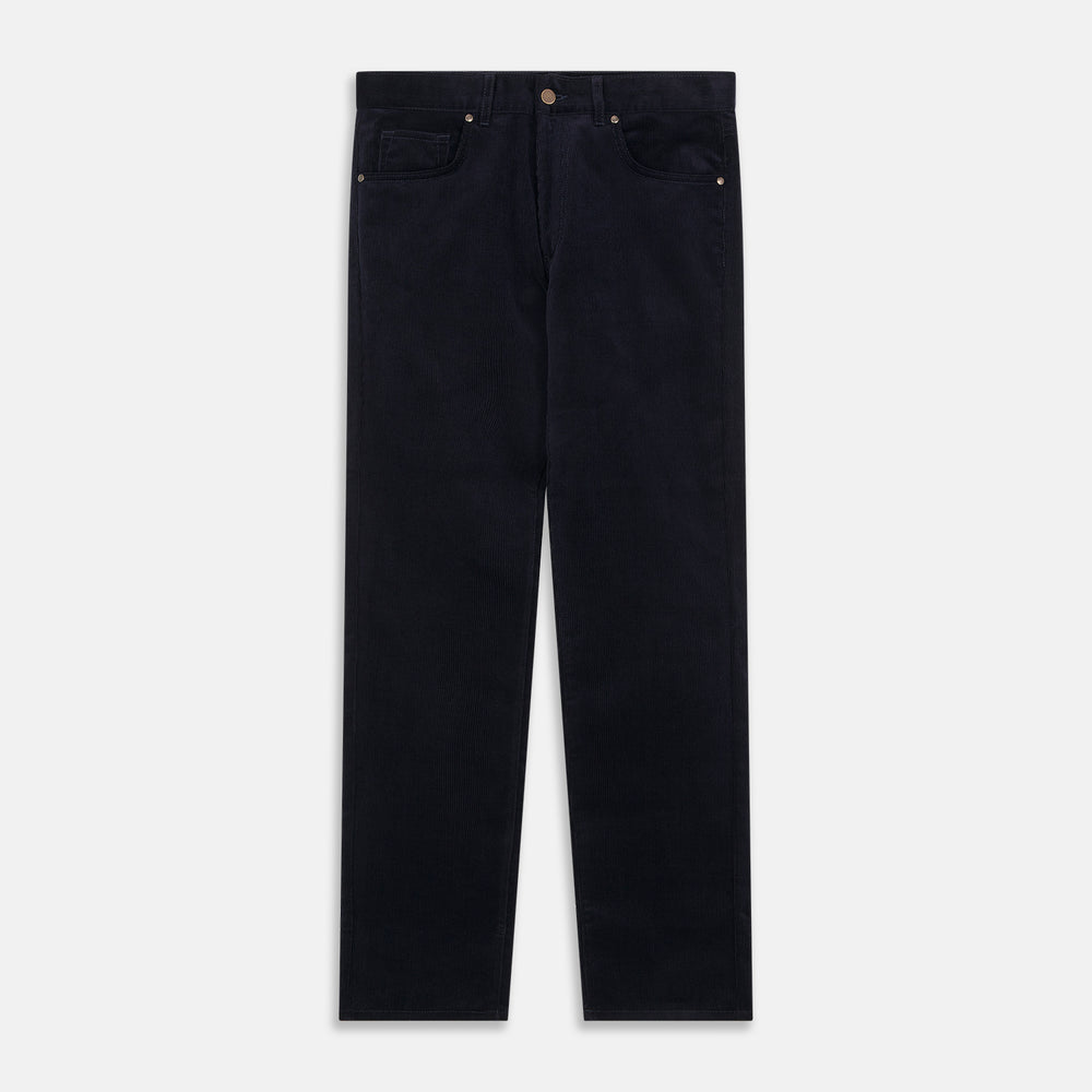 A pair of navy twill cotton five-pocket trousers from Turnbull & Asser, shown laid flat against a white background.