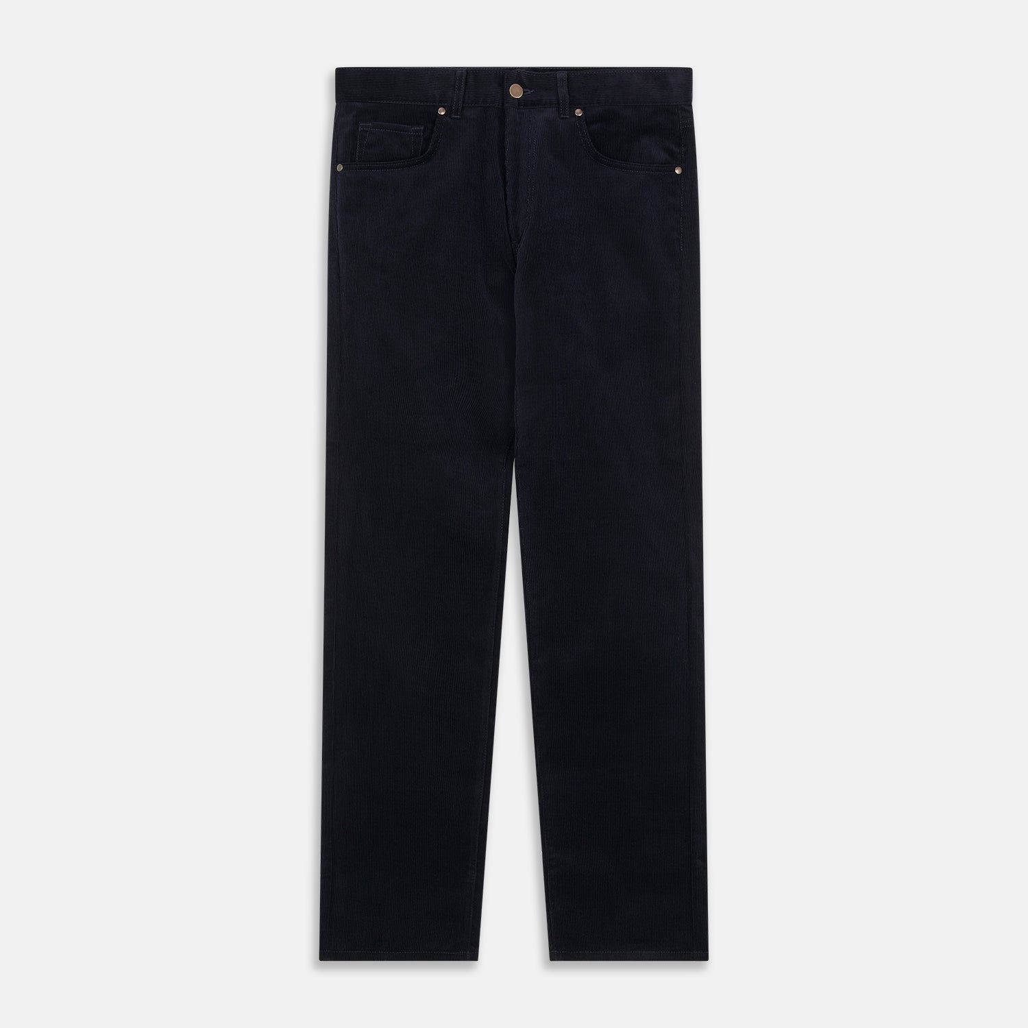 View 1 of product A pair of navy twill cotton five-pocket trousers from Turnbull & Asser, shown laid flat against a white background.