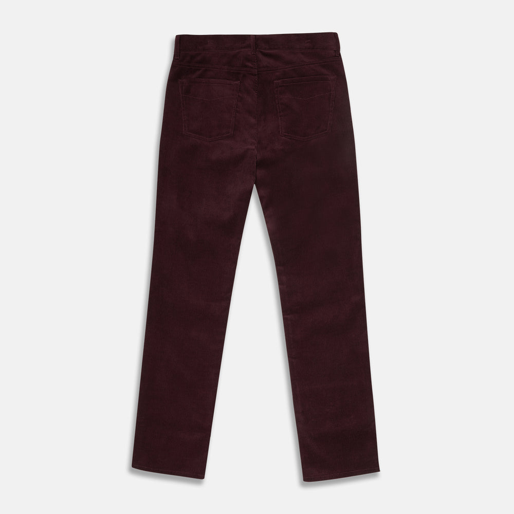 Plum Cord Mylo Trousers by Turnbull & Asser, featuring a classic five-pocket design, are shown laid flat on a white background.