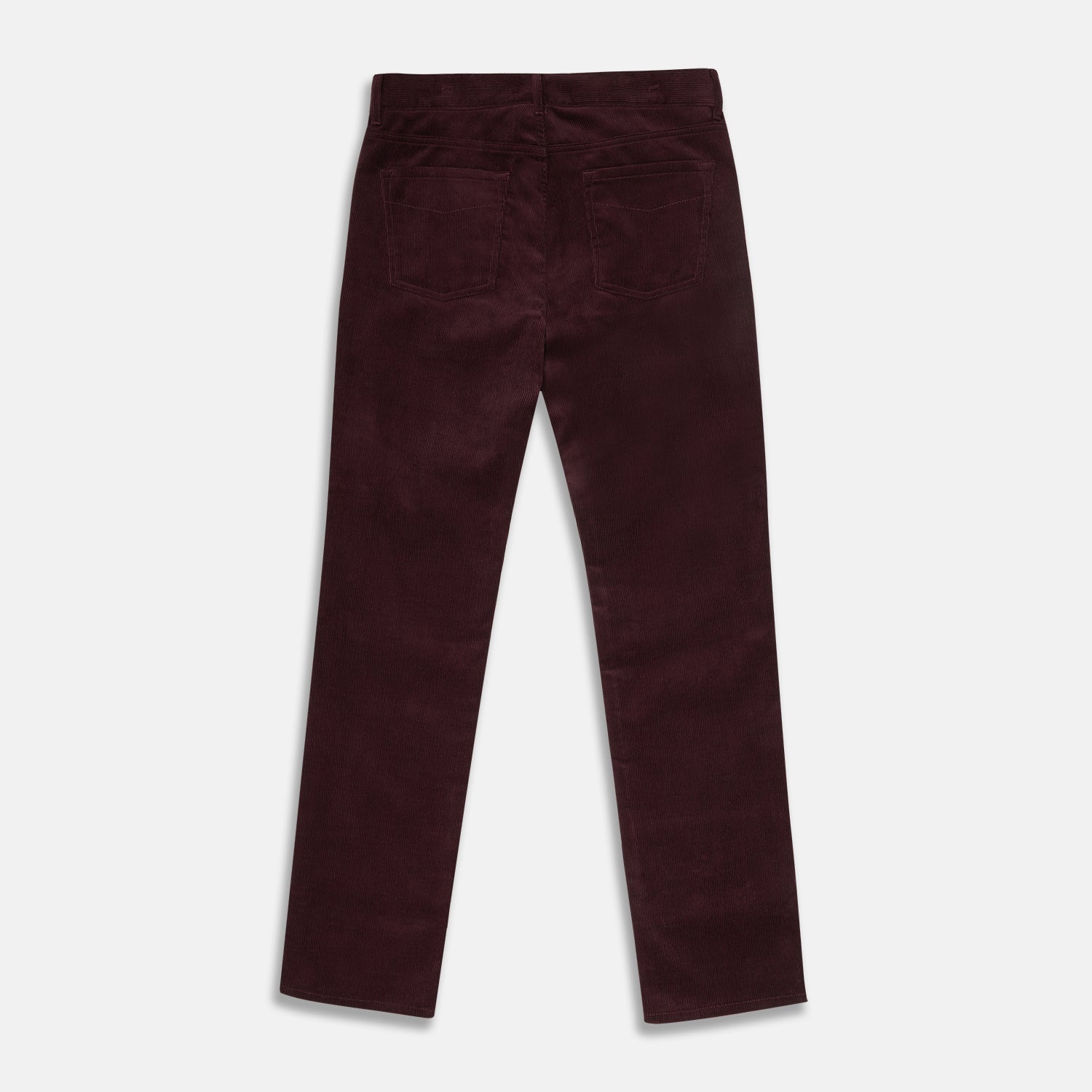 View 3 of product Plum Cord Mylo Trousers by Turnbull & Asser, featuring a classic five-pocket design, are shown laid flat on a white background.