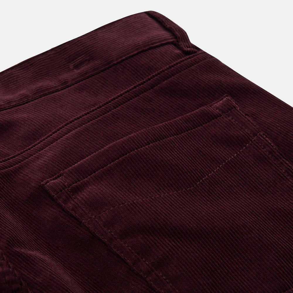 Plum Cord Mylo Trousers by Turnbull & Asser, featuring a classic five-pocket design, are shown laid flat on a white background.