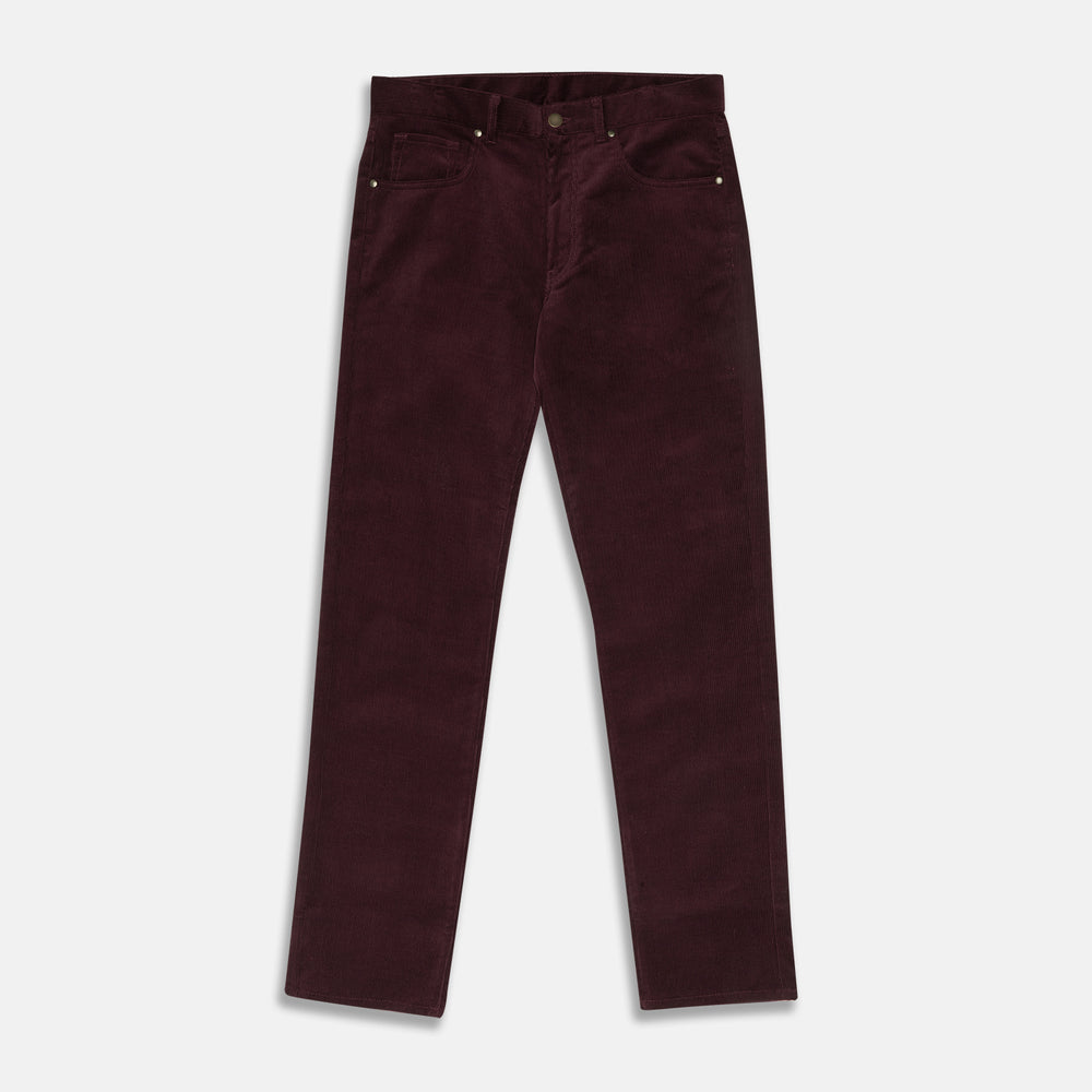 Plum Cord Mylo Trousers by Turnbull & Asser, featuring a classic five-pocket design, are shown laid flat on a white background.