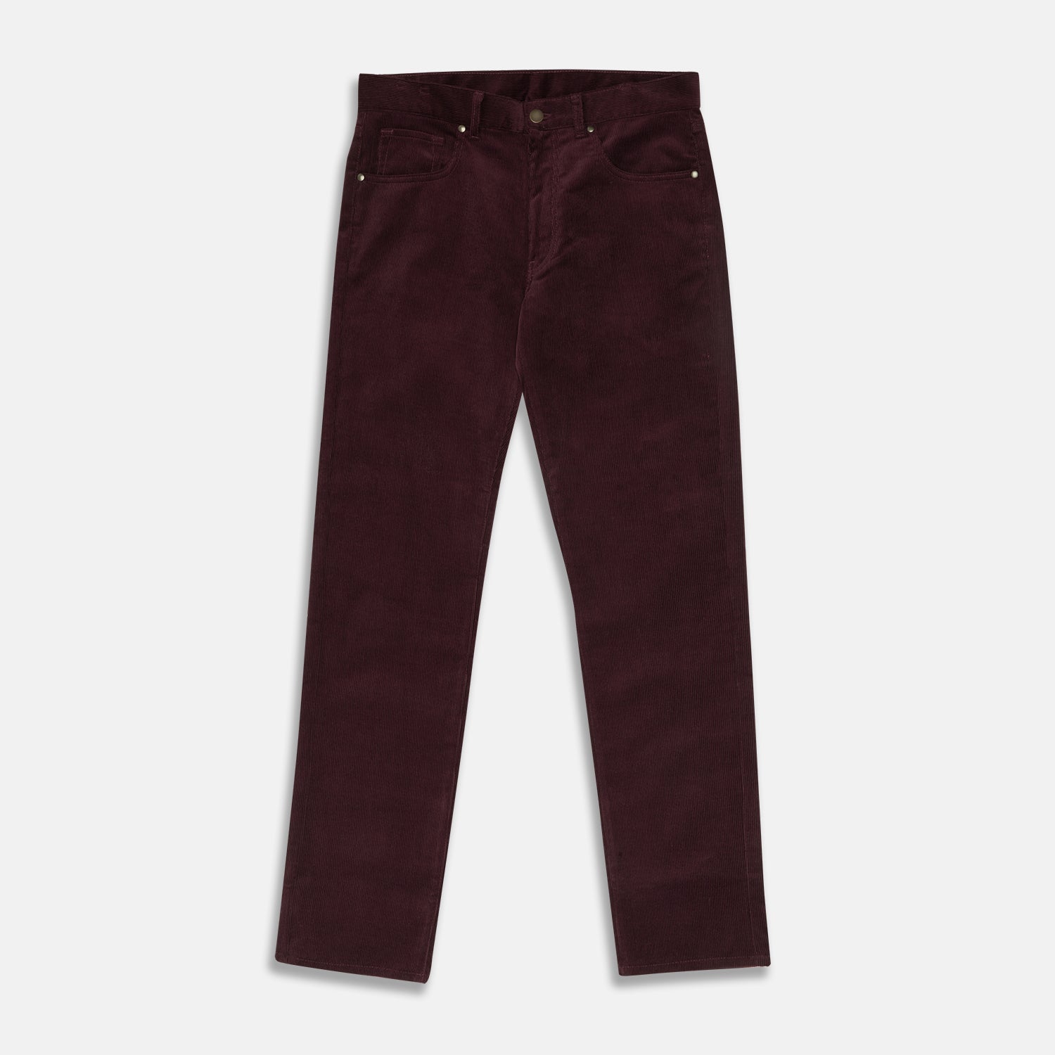 View 1 of product Plum Cord Mylo Trousers by Turnbull & Asser, featuring a classic five-pocket design, are shown laid flat on a white background.