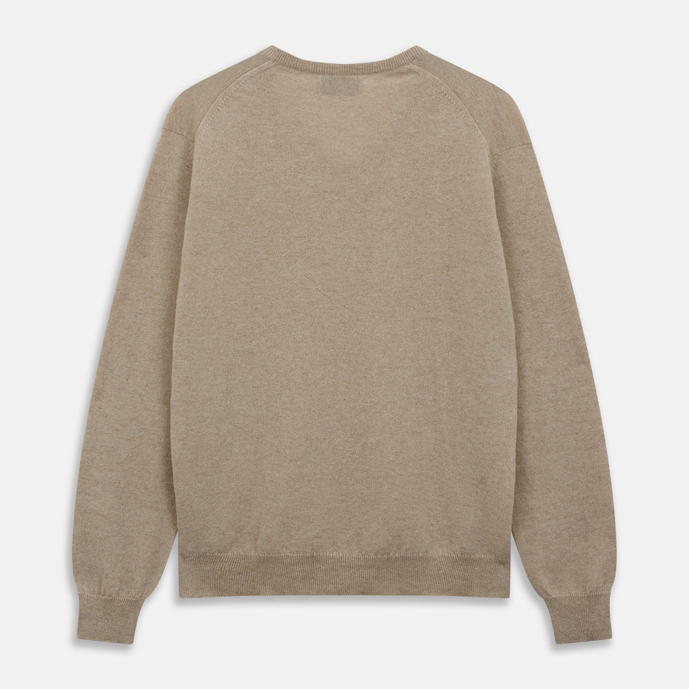 The Beige Paden V-Neck Jumper by Turnbull & Asser, made of pure cashmere, features long sleeves and ribbed cuffs and hem. It is shown flat on a white background with the label visible at the neckline.