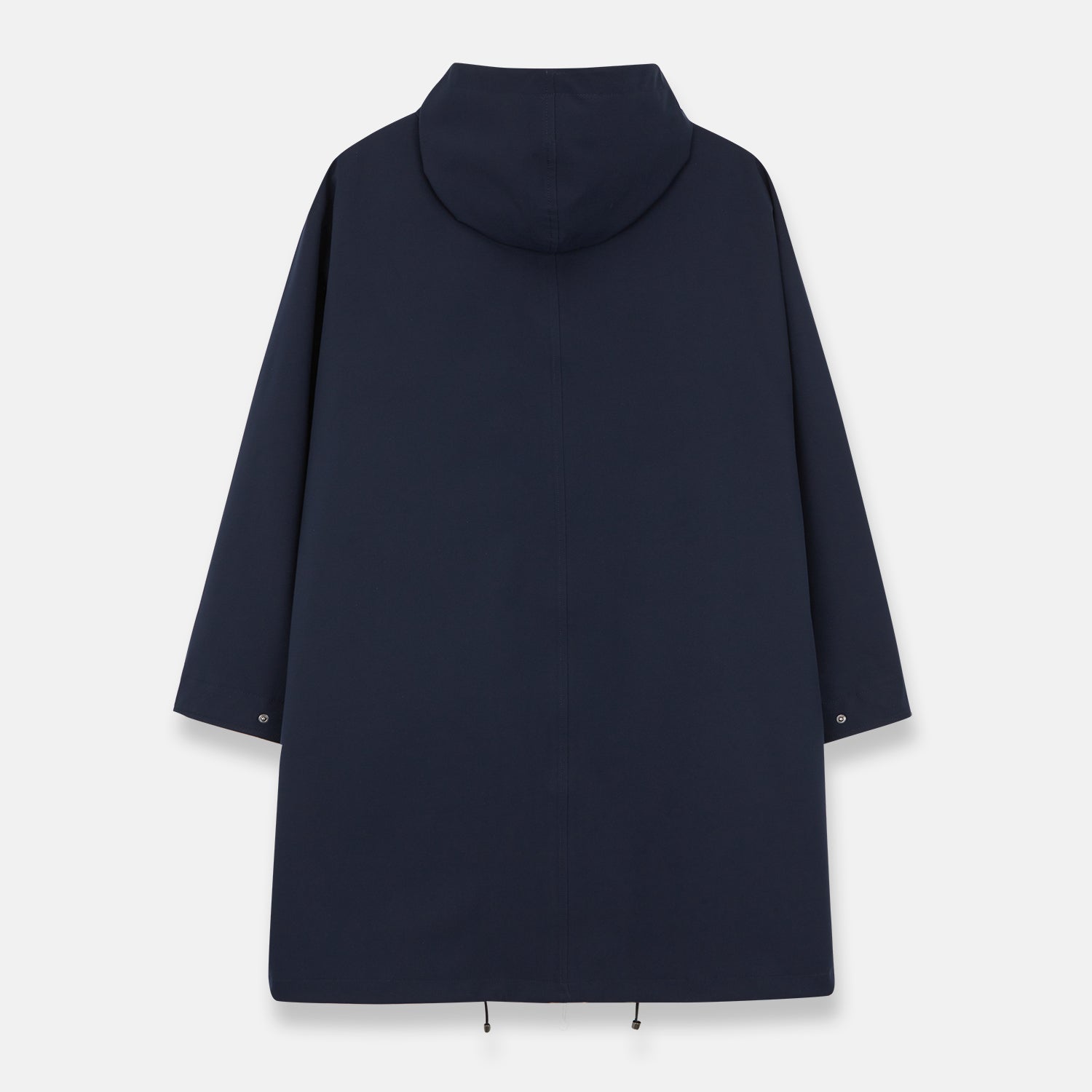 View 7 of product The Turnbull & Asser Navy Walter Sealup Parka with Detachable Liner features silver snap buttons, front flap pockets, and a drawstring hem. Styled against a white background, this waterproof parka offers both elegance and practicality for wet weather.