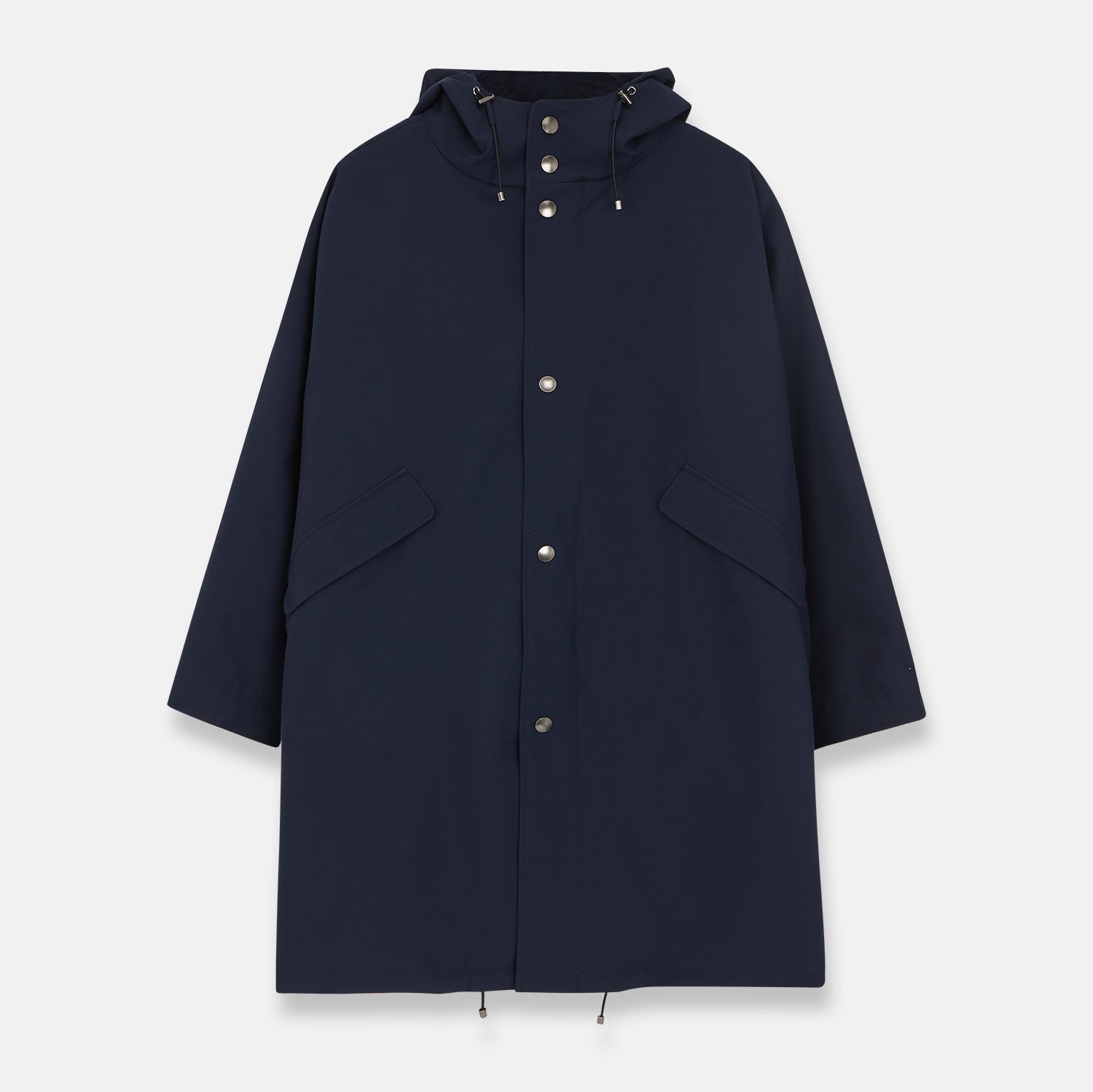 View 1 of product The Turnbull & Asser Navy Walter Sealup Parka with Detachable Liner features silver snap buttons, front flap pockets, and a drawstring hem. Styled against a white background, this waterproof parka offers both elegance and practicality for wet weather.