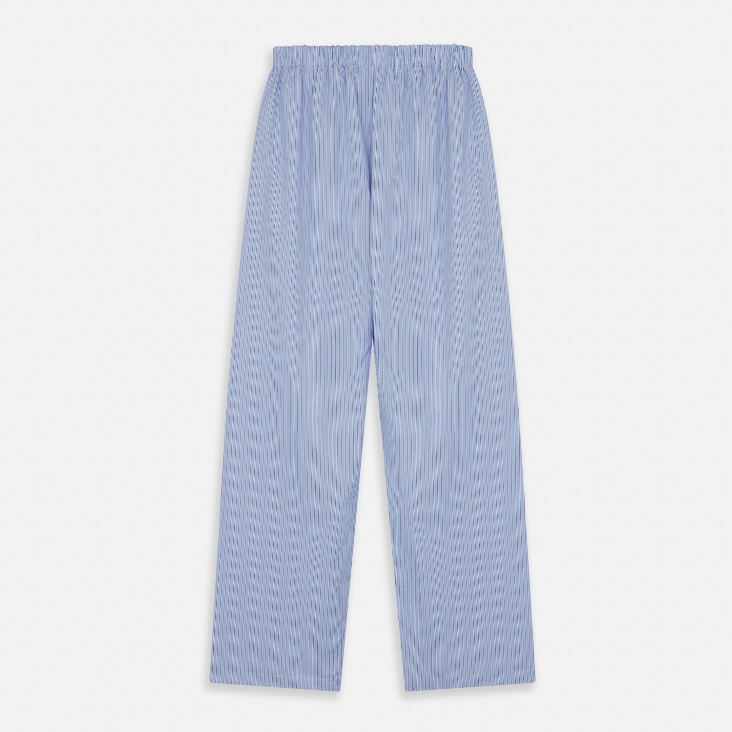 View 4 of product A man stands barefoot against a plain background, wearing a white short-sleeve T-shirt and Turnbull & Asser Blue Stripe Cotton Pyjama Trousers in a contemporary fit, looking straight ahead with a neutral expression.
