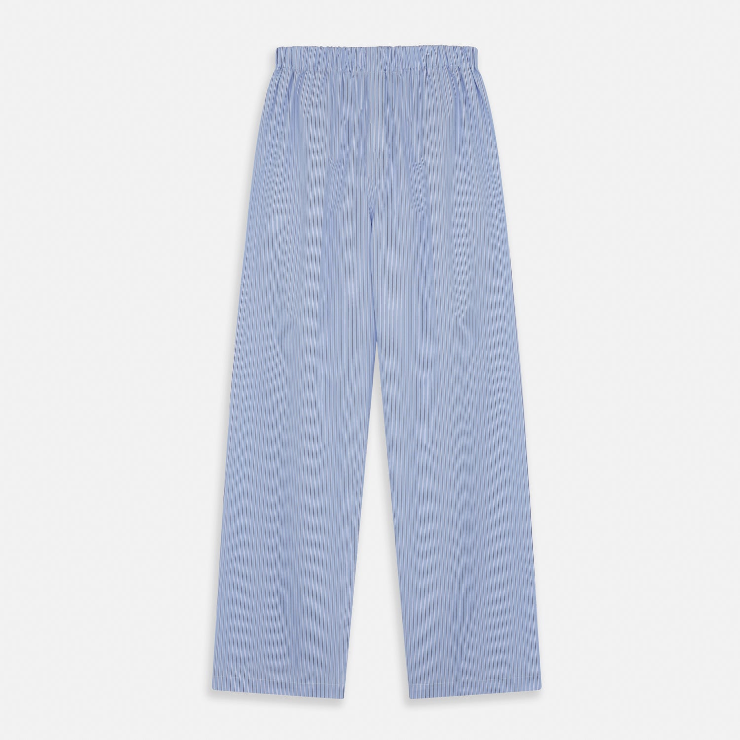 View 2 of product A man stands barefoot against a plain background, wearing a white short-sleeve T-shirt and Turnbull & Asser Blue Stripe Cotton Pyjama Trousers in a contemporary fit, looking straight ahead with a neutral expression.