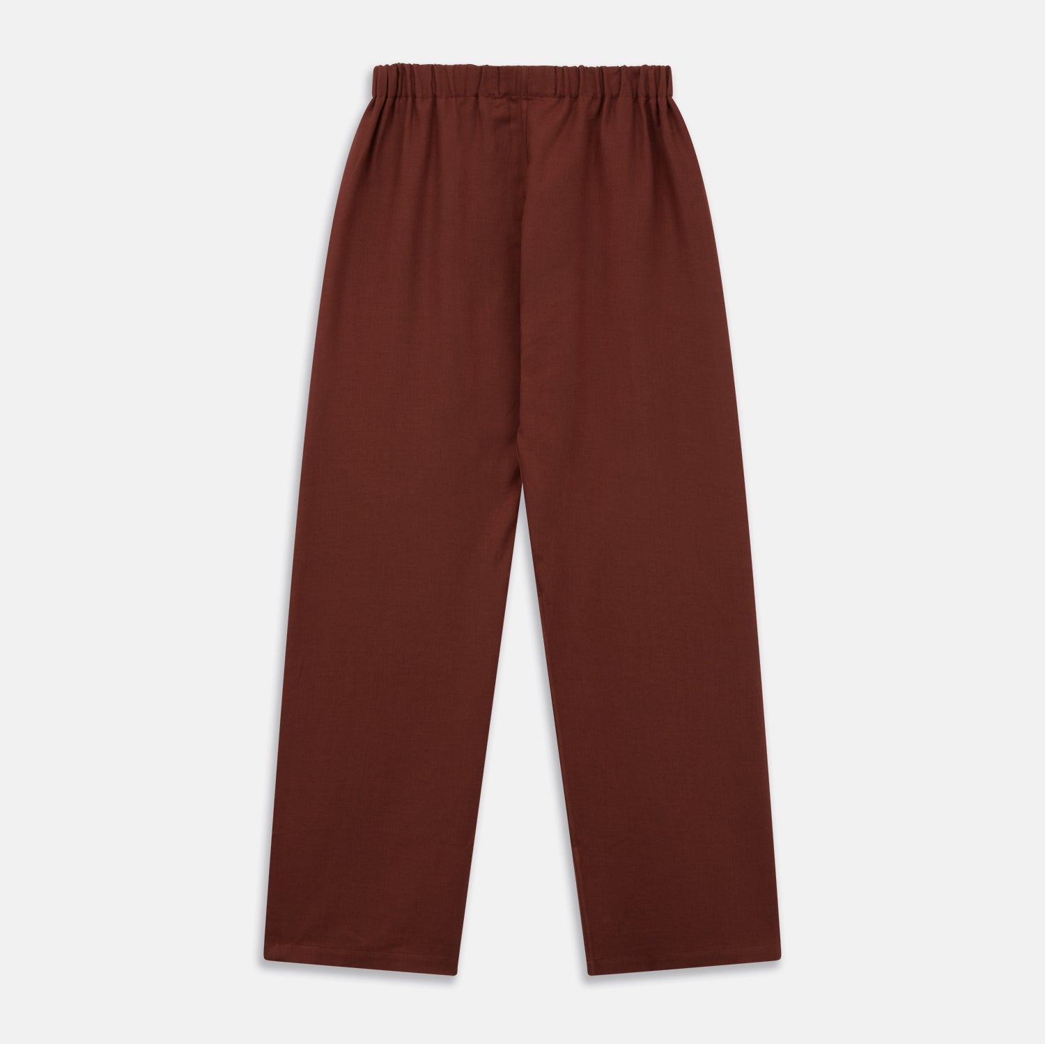 View 2 of product Turnbull & Asser’s Red Cotton-Cashmere Pyjama Trousers feature a contemporary straight-leg fit, elastic waistband, and dark red-brown hue, shown flat against a white background.