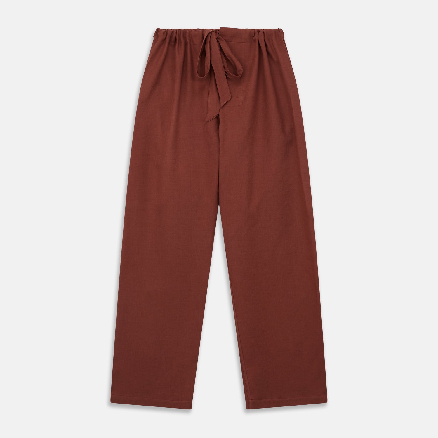 View 6 of product The Turnbull & Asser Red Cotton-Cashmere Pyjama Set features a rust-red long-sleeve button-up top with chest pocket and matching waist-tied pants, shown on a plain white background.