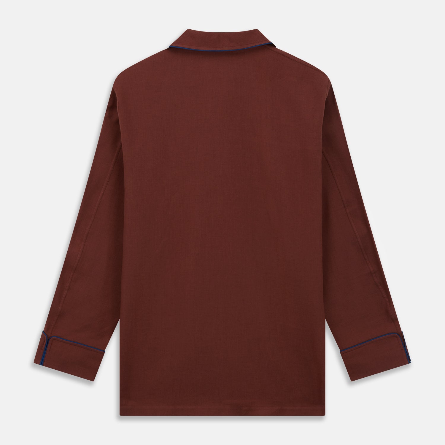 View 7 of product The Turnbull & Asser Red Cotton-Cashmere Pyjama Set features a rust-red long-sleeve button-up top with chest pocket and matching waist-tied pants, shown on a plain white background.