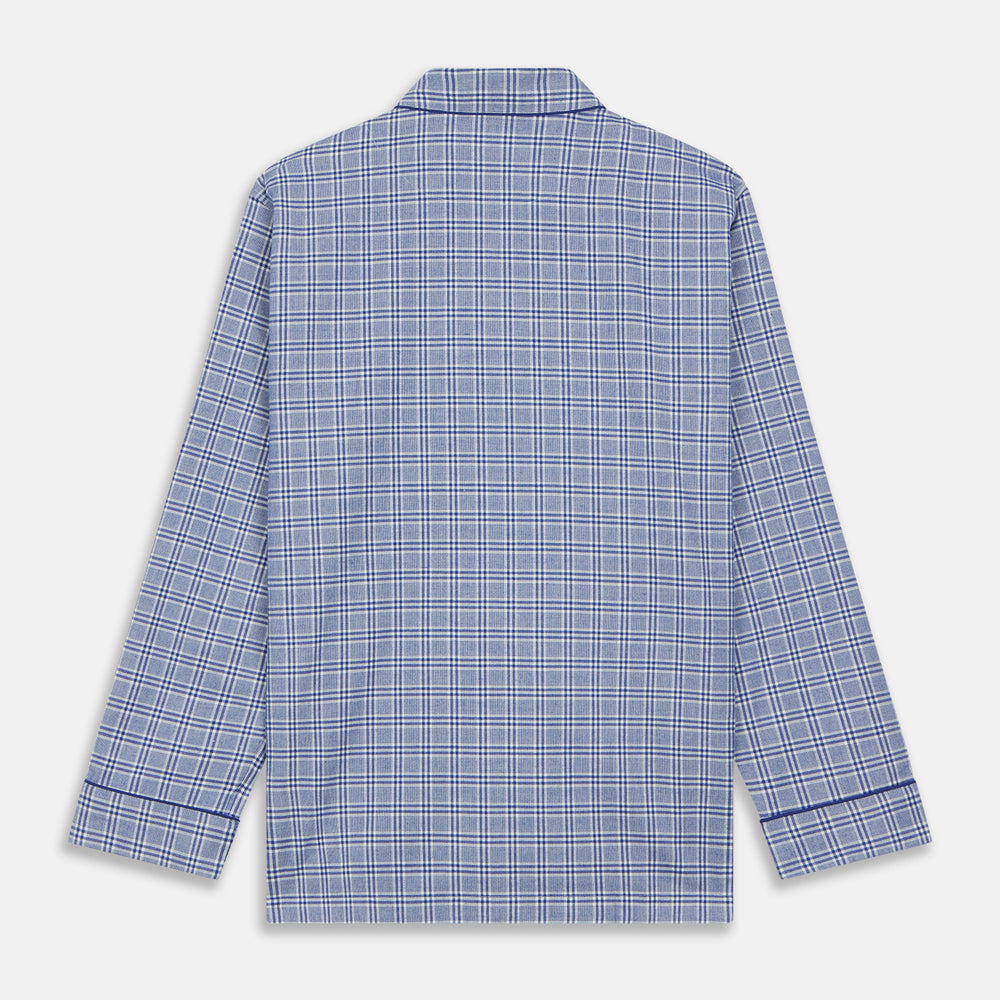 The Turnbull & Asser Blue Check Modern Cotton Pyjama Set features a long-sleeve button-up top and matching pants, crafted from thicker cotton for added comfort, shown against a white background.