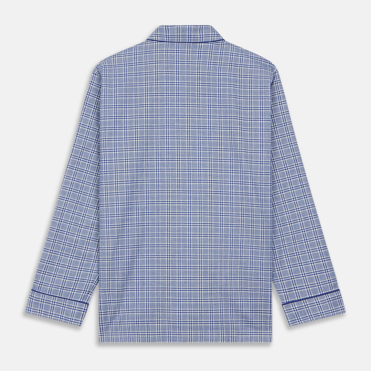 View 7 of product The Turnbull & Asser Blue Check Modern Cotton Pyjama Set features a long-sleeve button-up top and matching pants, crafted from thicker cotton for added comfort, shown against a white background.