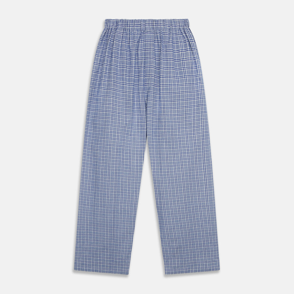 The Turnbull & Asser Blue Check Modern Cotton Pyjama Set features a long-sleeve button-up top and matching pants, crafted from thicker cotton for added comfort, shown against a white background.