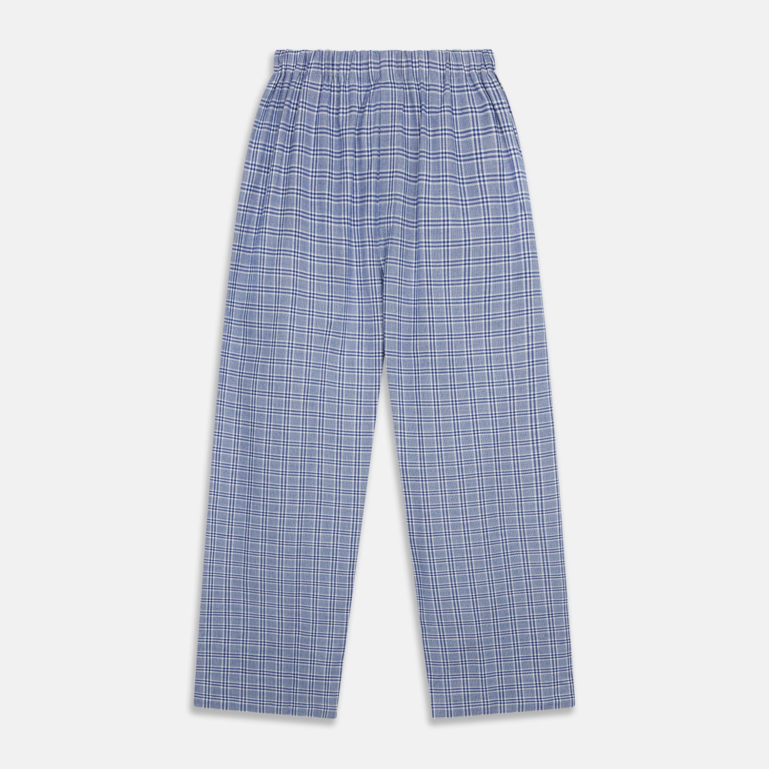 View 5 of product The Turnbull & Asser Blue Check Modern Cotton Pyjama Set features a long-sleeve button-up top and matching pants, crafted from thicker cotton for added comfort, shown against a white background.