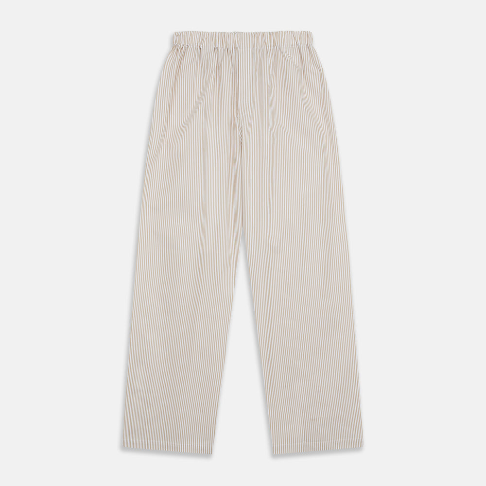 The Turnbull & Asser Sand Bengal Stripe Modern Fit Cotton Pyjama Set features cream-colored striped Italian cotton, with a long-sleeved button-up top and matching drawstring pants, neatly displayed against a white background.