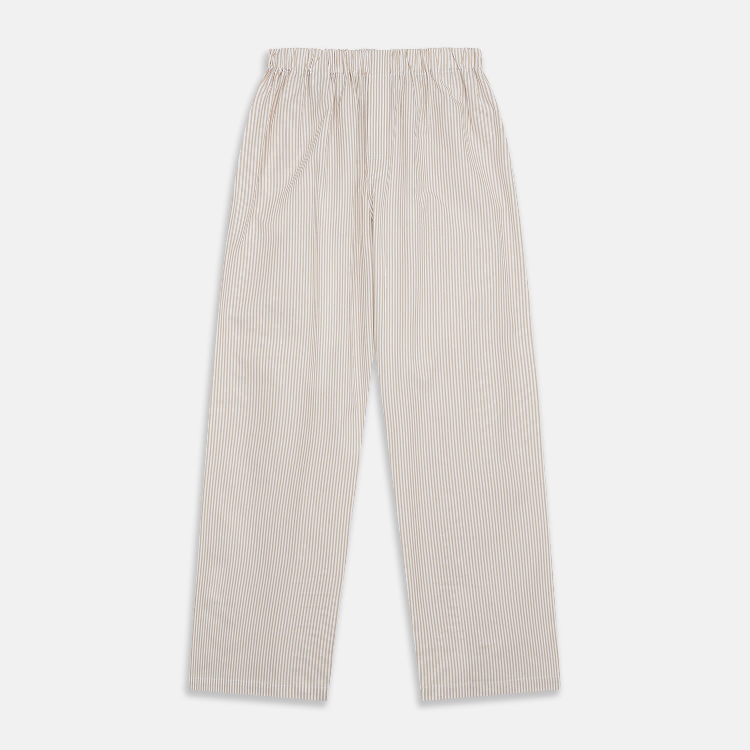 View 5 of product The Turnbull & Asser Sand Bengal Stripe Modern Fit Cotton Pyjama Set features cream-colored striped Italian cotton, with a long-sleeved button-up top and matching drawstring pants, neatly displayed against a white background.