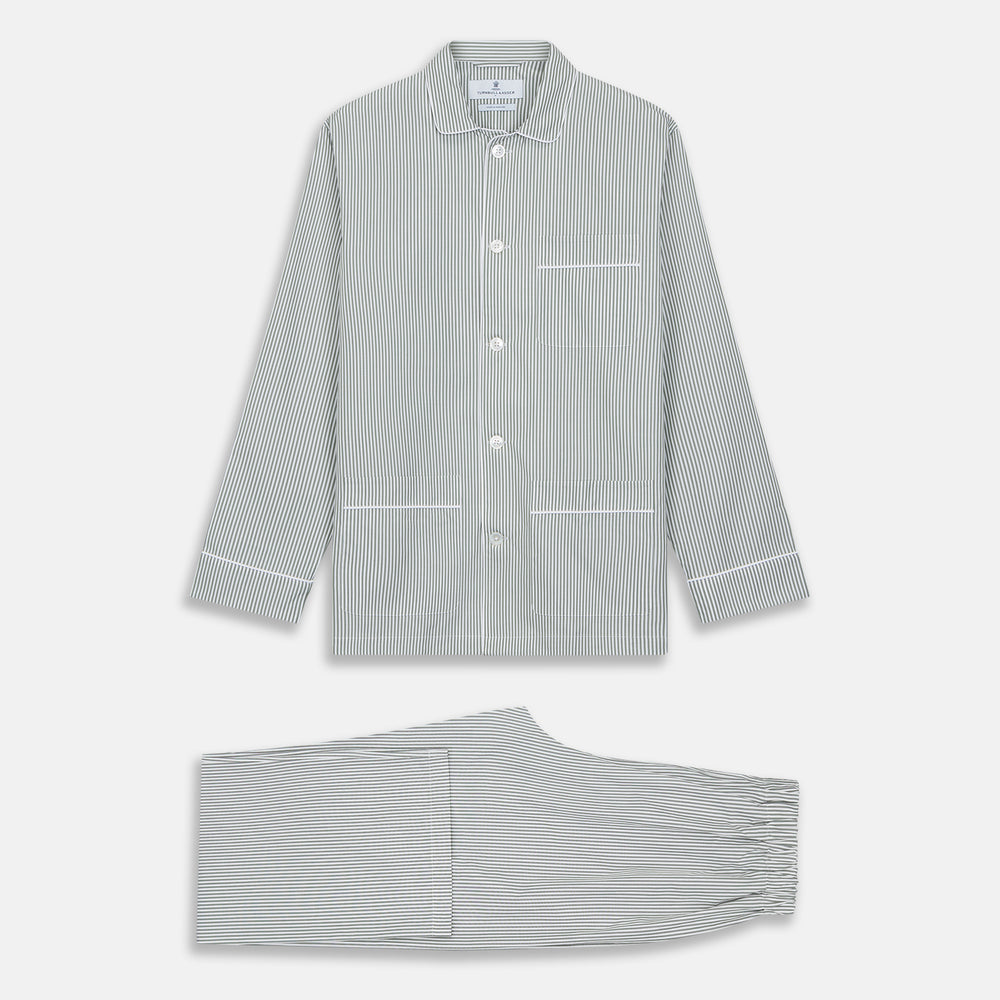 The Turnbull & Asser Green Bengal Stripe Modern Fit Cotton Pyjama Set features a long-sleeve button-up shirt with chest pocket and elastic waistband pants, crafted from soft Italian cotton and displayed on a white background.