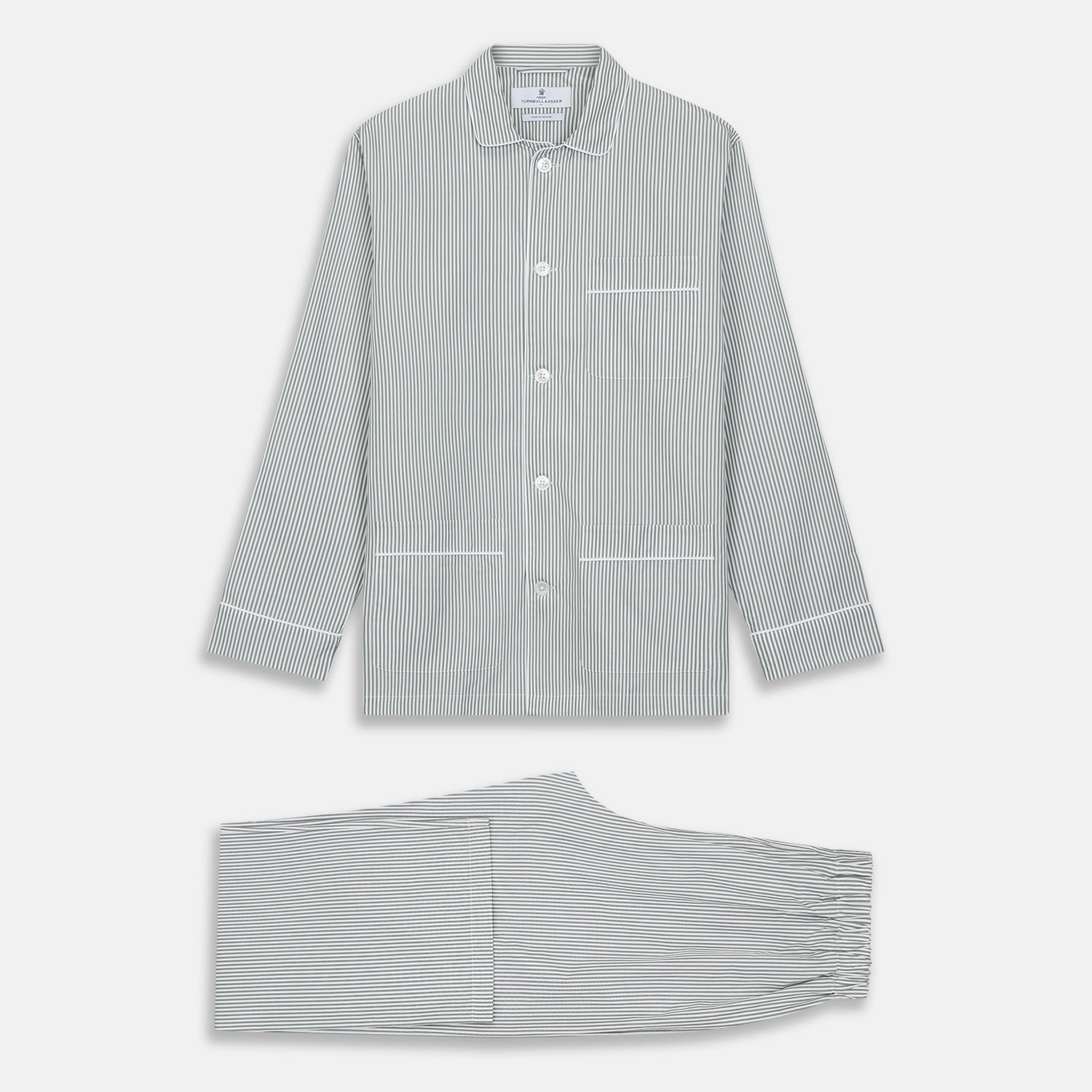 View 6 of product The Turnbull & Asser Green Bengal Stripe Modern Fit Cotton Pyjama Set features a long-sleeve button-up shirt with chest pocket and elastic waistband pants, crafted from soft Italian cotton and displayed on a white background.