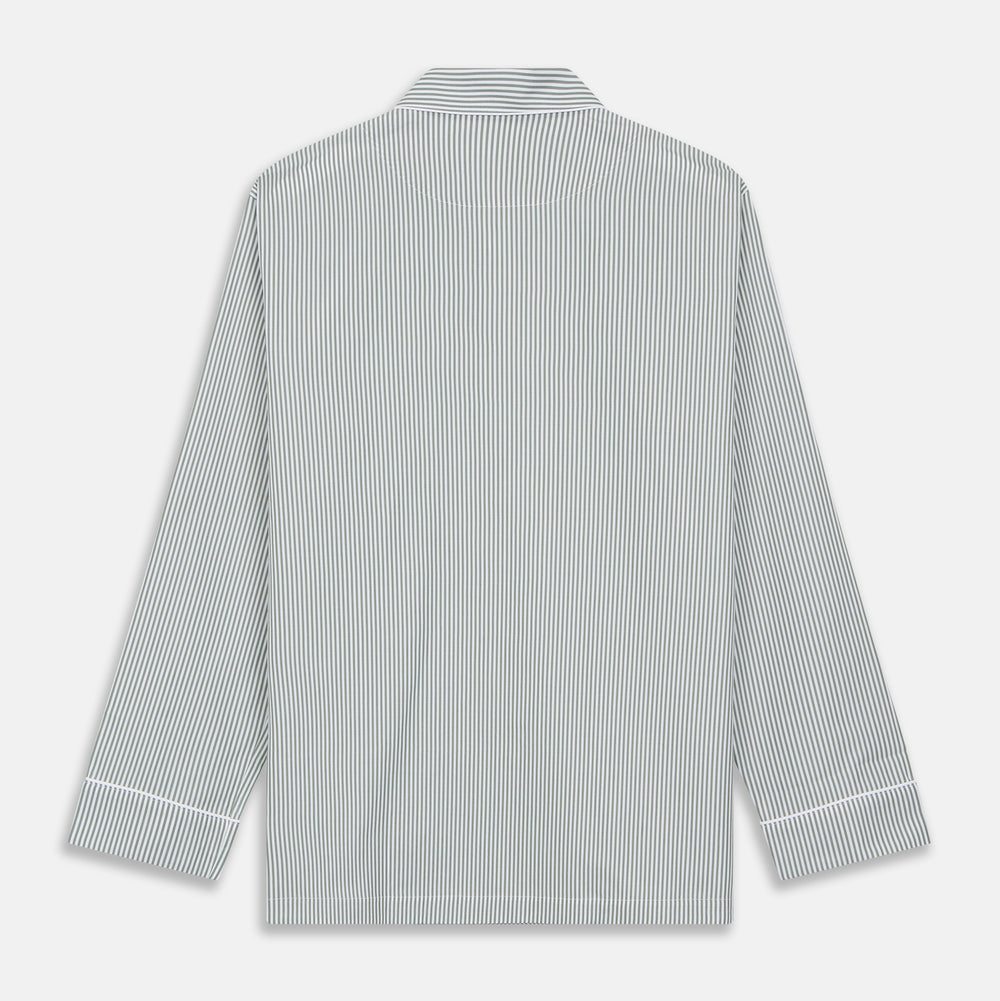 The Turnbull & Asser Green Bengal Stripe Modern Fit Cotton Pyjama Set features a long-sleeve button-up shirt with chest pocket and elastic waistband pants, crafted from soft Italian cotton and displayed on a white background.