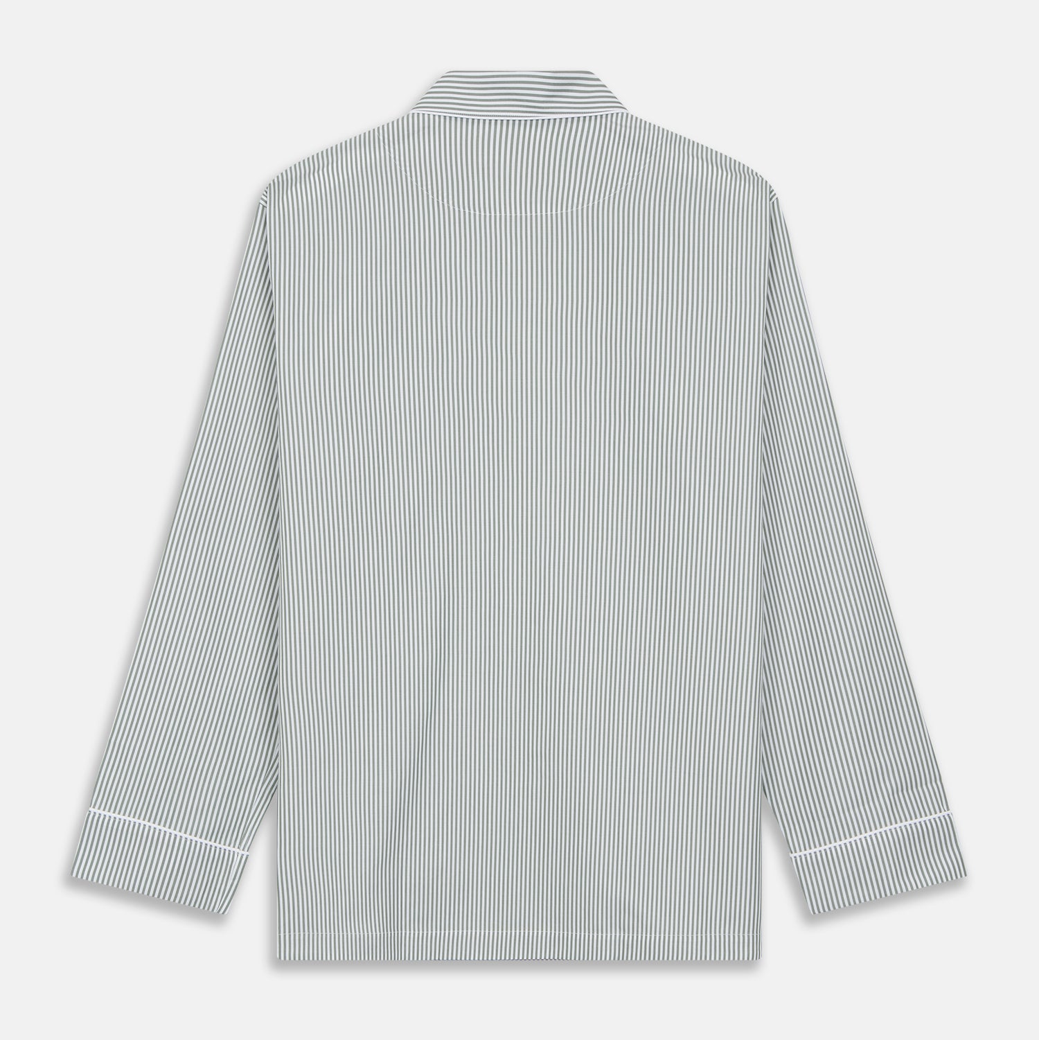 View 7 of product The Turnbull & Asser Green Bengal Stripe Modern Fit Cotton Pyjama Set features a long-sleeve button-up shirt with chest pocket and elastic waistband pants, crafted from soft Italian cotton and displayed on a white background.