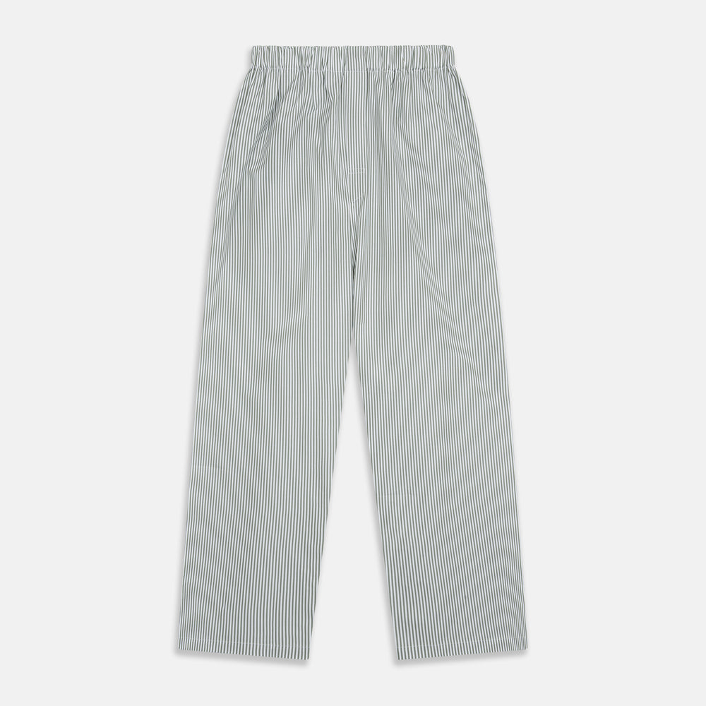 The Turnbull & Asser Green Bengal Stripe Modern Fit Cotton Pyjama Set features a long-sleeve button-up shirt with chest pocket and elastic waistband pants, crafted from soft Italian cotton and displayed on a white background.