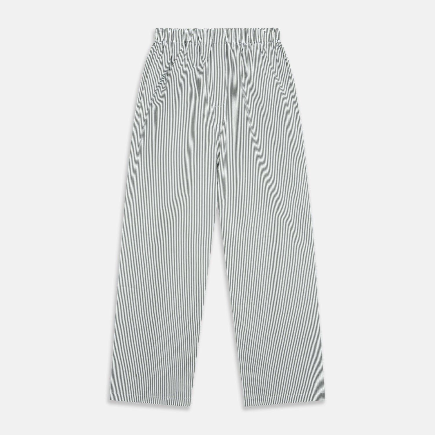 View 5 of product The Turnbull & Asser Green Bengal Stripe Modern Fit Cotton Pyjama Set features a long-sleeve button-up shirt with chest pocket and elastic waistband pants, crafted from soft Italian cotton and displayed on a white background.