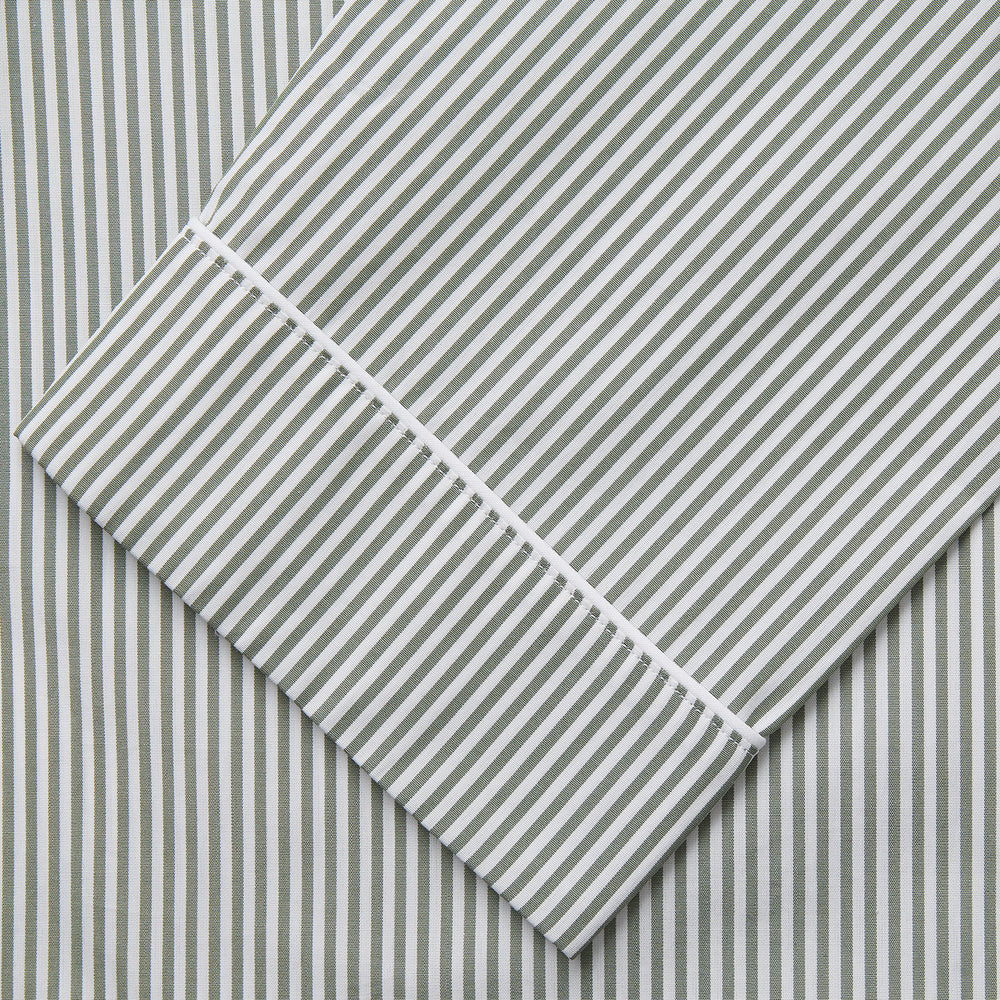 The Turnbull & Asser Green Bengal Stripe Modern Fit Cotton Pyjama Set features a long-sleeve button-up shirt with chest pocket and elastic waistband pants, crafted from soft Italian cotton and displayed on a white background.