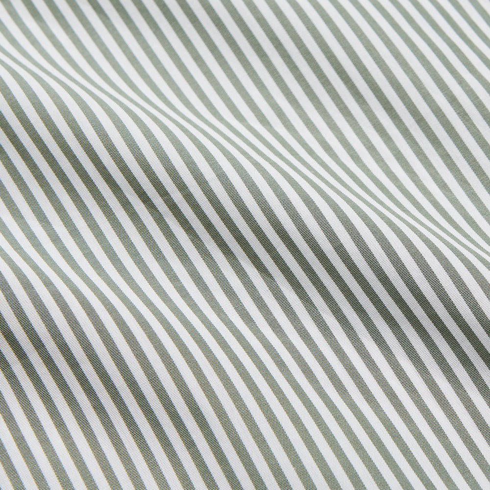 The Turnbull & Asser Green Bengal Stripe Modern Fit Cotton Pyjama Set features a long-sleeve button-up shirt with chest pocket and elastic waistband pants, crafted from soft Italian cotton and displayed on a white background.