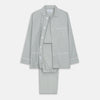 View 1 of product The Turnbull & Asser Green Bengal Stripe Modern Fit Cotton Pyjama Set features a long-sleeve button-up shirt with chest pocket and elastic waistband pants, crafted from soft Italian cotton and displayed on a white background.