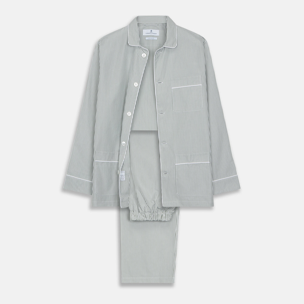 The Turnbull & Asser Green Bengal Stripe Modern Fit Cotton Pyjama Set features a long-sleeve button-up shirt with chest pocket and elastic waistband pants, crafted from soft Italian cotton and displayed on a white background.